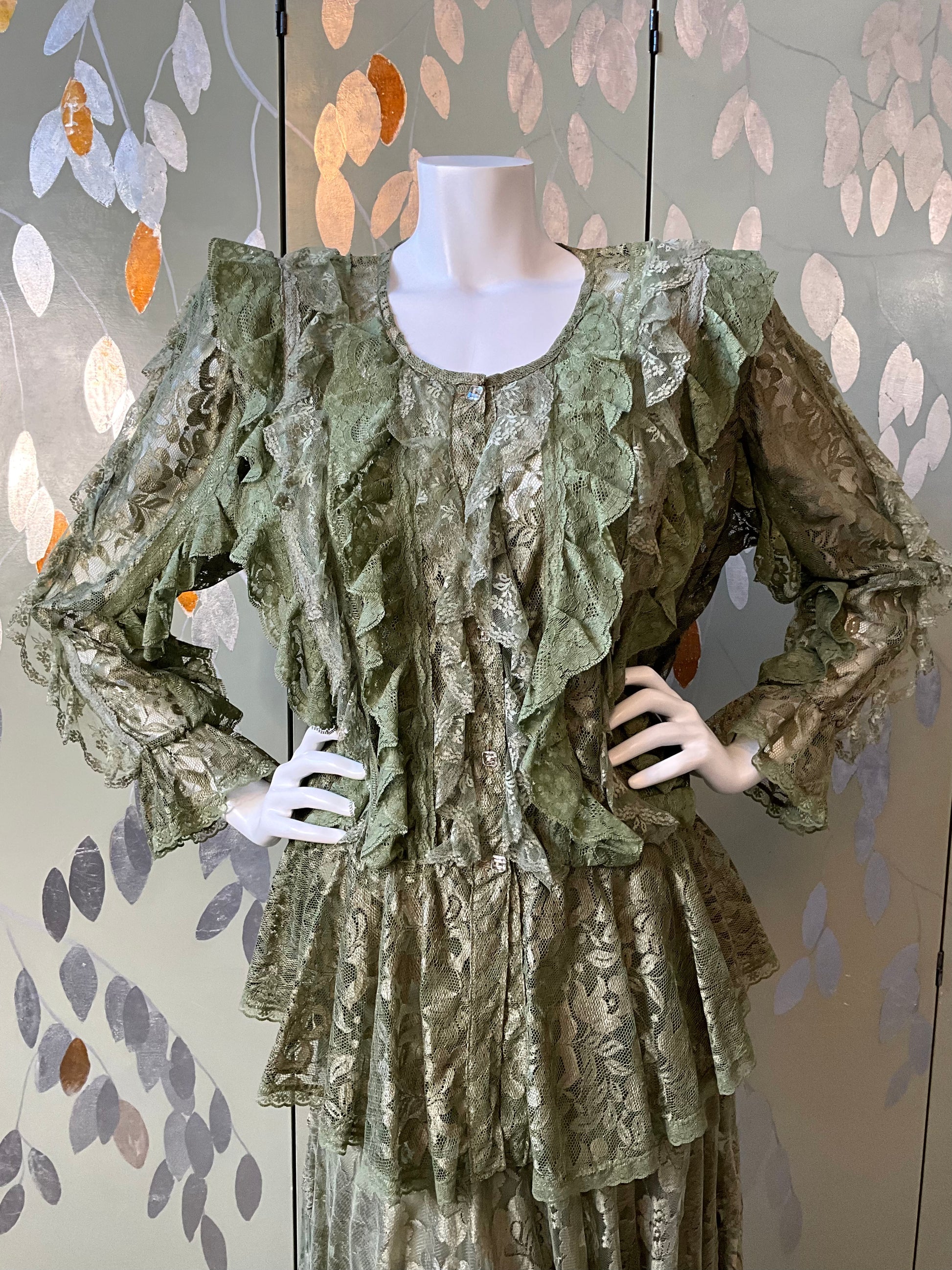 Vintage 1980s Green Lace 3-Piece Skirt and Blouse Set, XL 