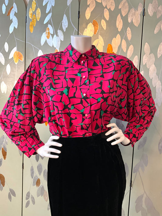 Vintage 1980s Pink & Green Abstract Print Blouse, XL+
