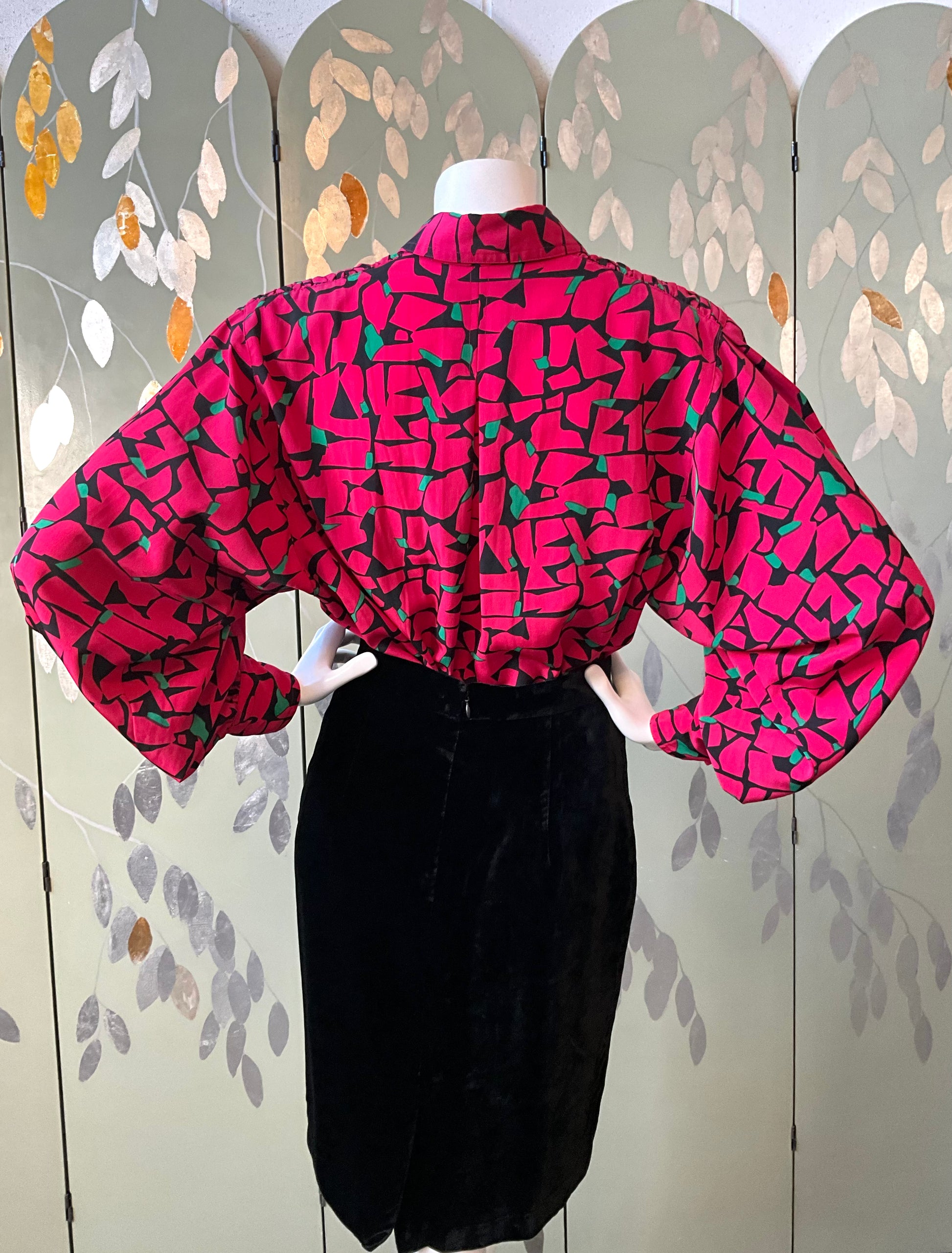 Vintage 1980s Pink & Green Abstract Print Blouse, XL+