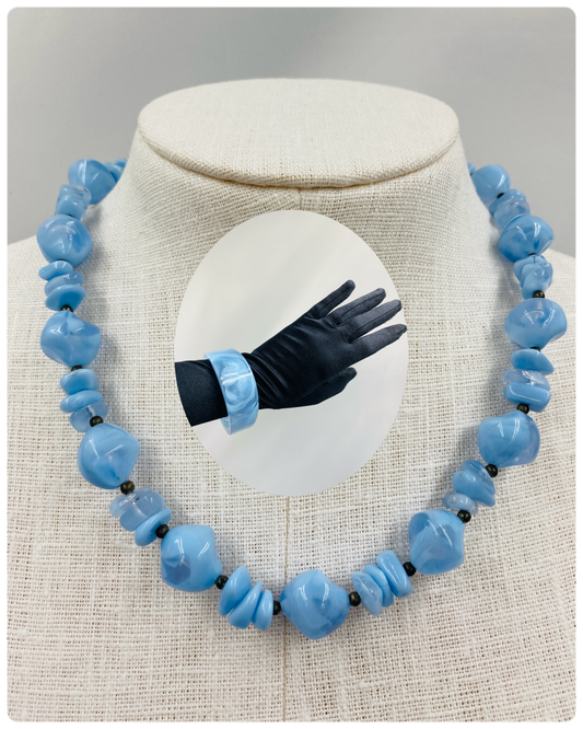 Vintage Marbled Baby Blue Bead Necklace and Bangle Set