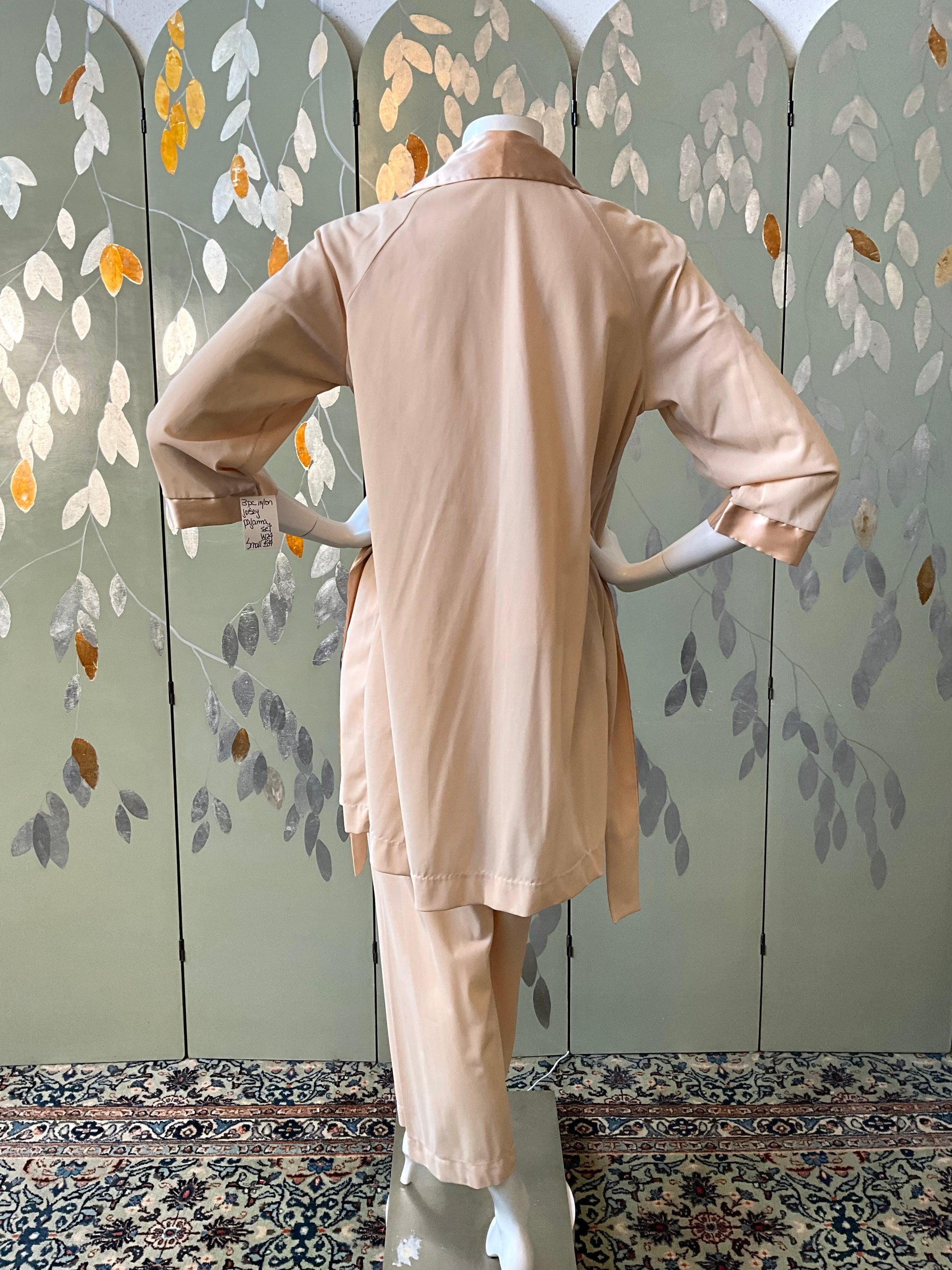 Vintage 1980s 3 Piece Nude Jersey & Satin Pyjama & Robe Set, Medium 