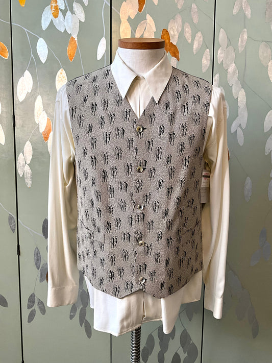 Vintage 1980s Men's People Print Waistcoat & Shirt Set, C40