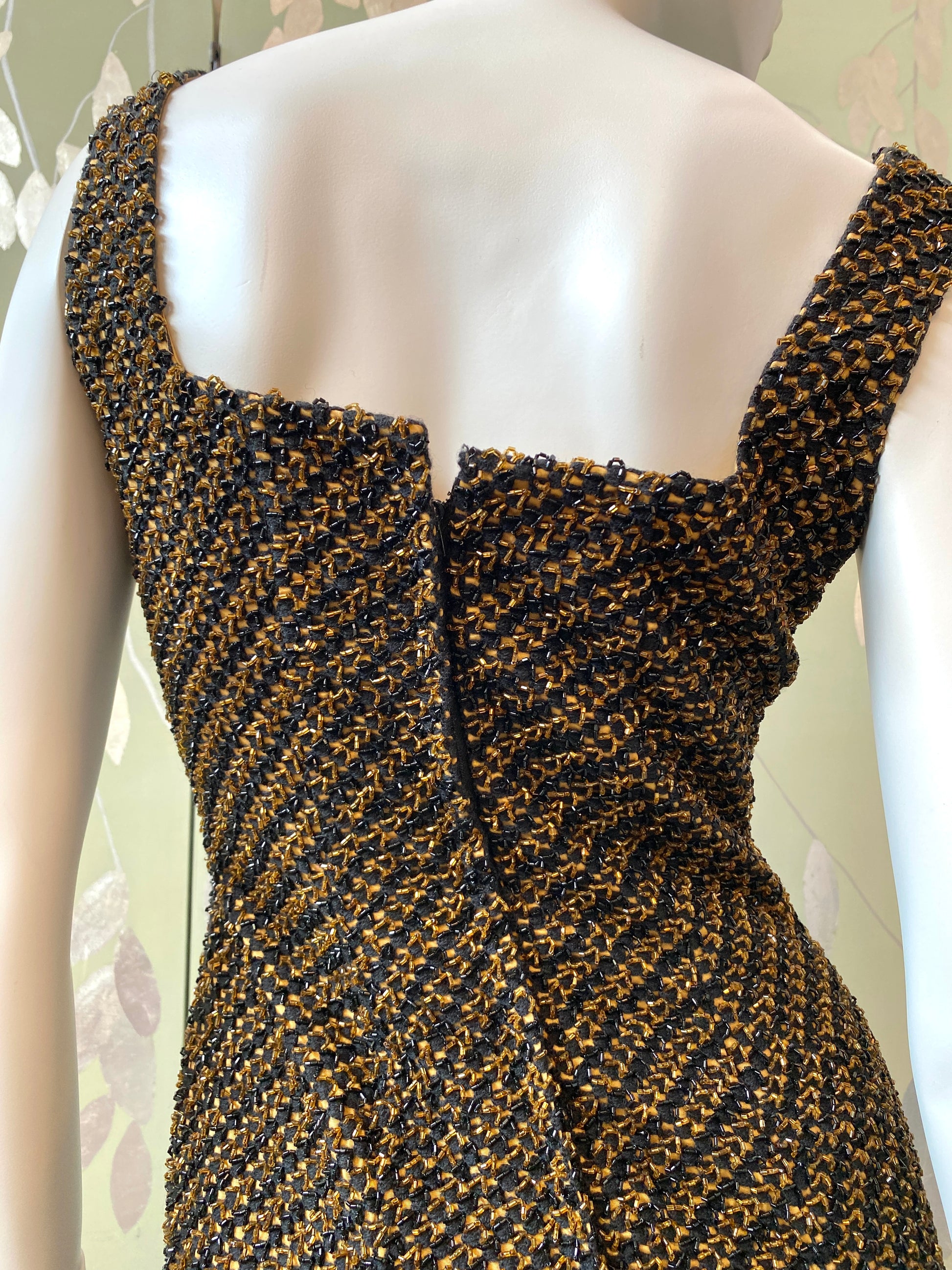Vintage 1960s Bronze Crochet Beaded Evening Sheath Gown, Small 