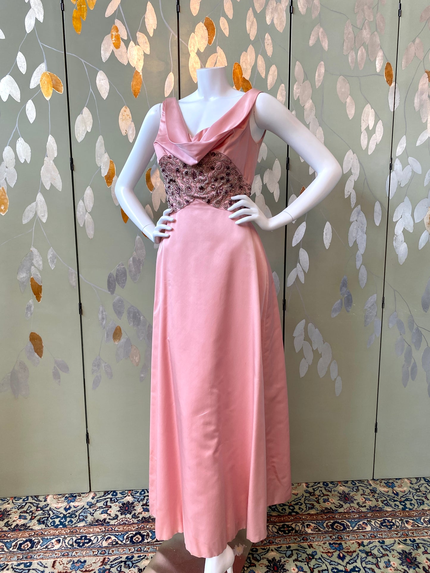 Vintage 1960s Pink Satin Beaded Evening Gown, Ruth Dukas, XS