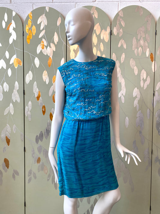 Vintage 1960s Blue Beaded Blouson Dress, Small 