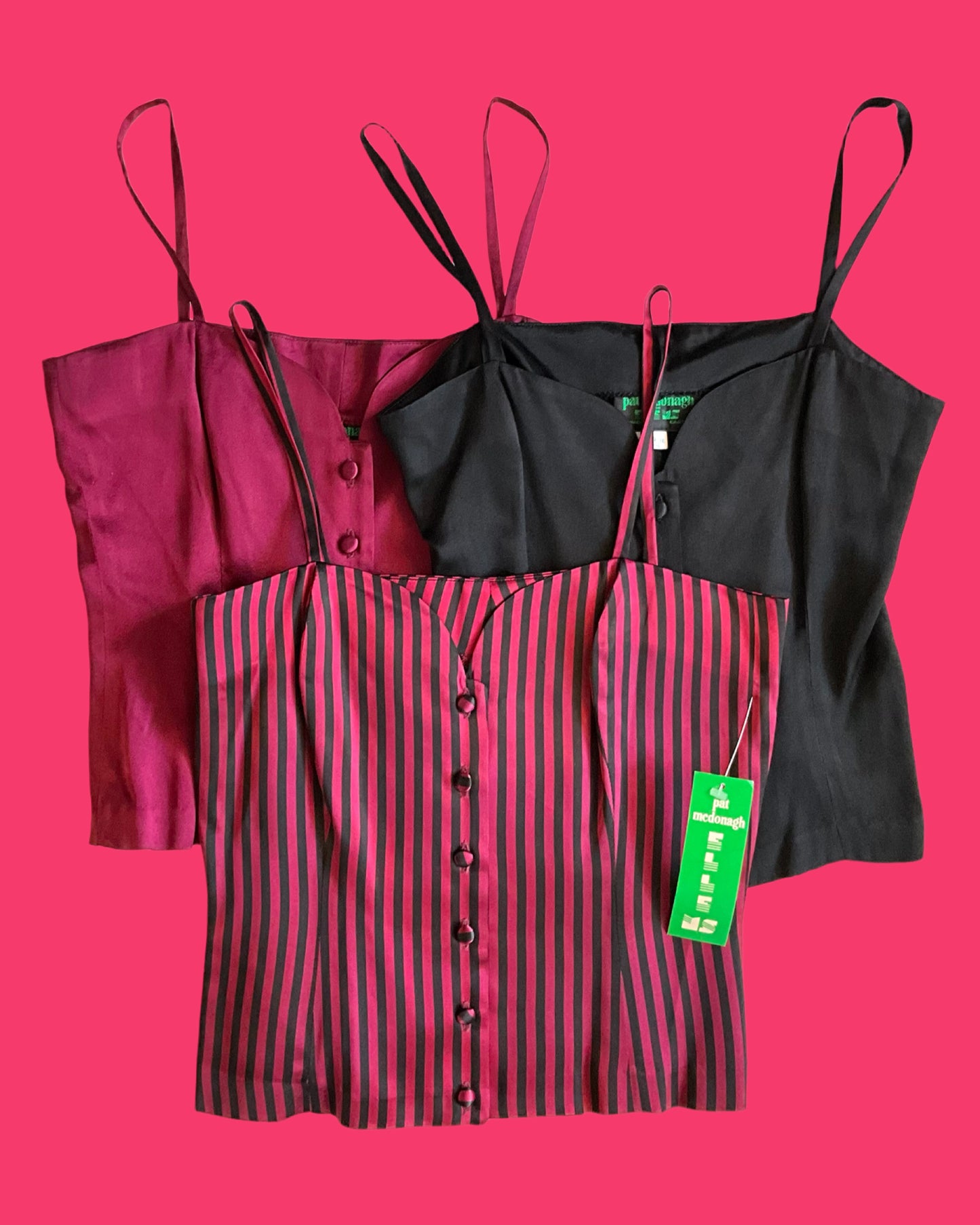 Vintage Deadstock 1990s Black and Maroon Satin Sweetheart Strap Tops, S/XS