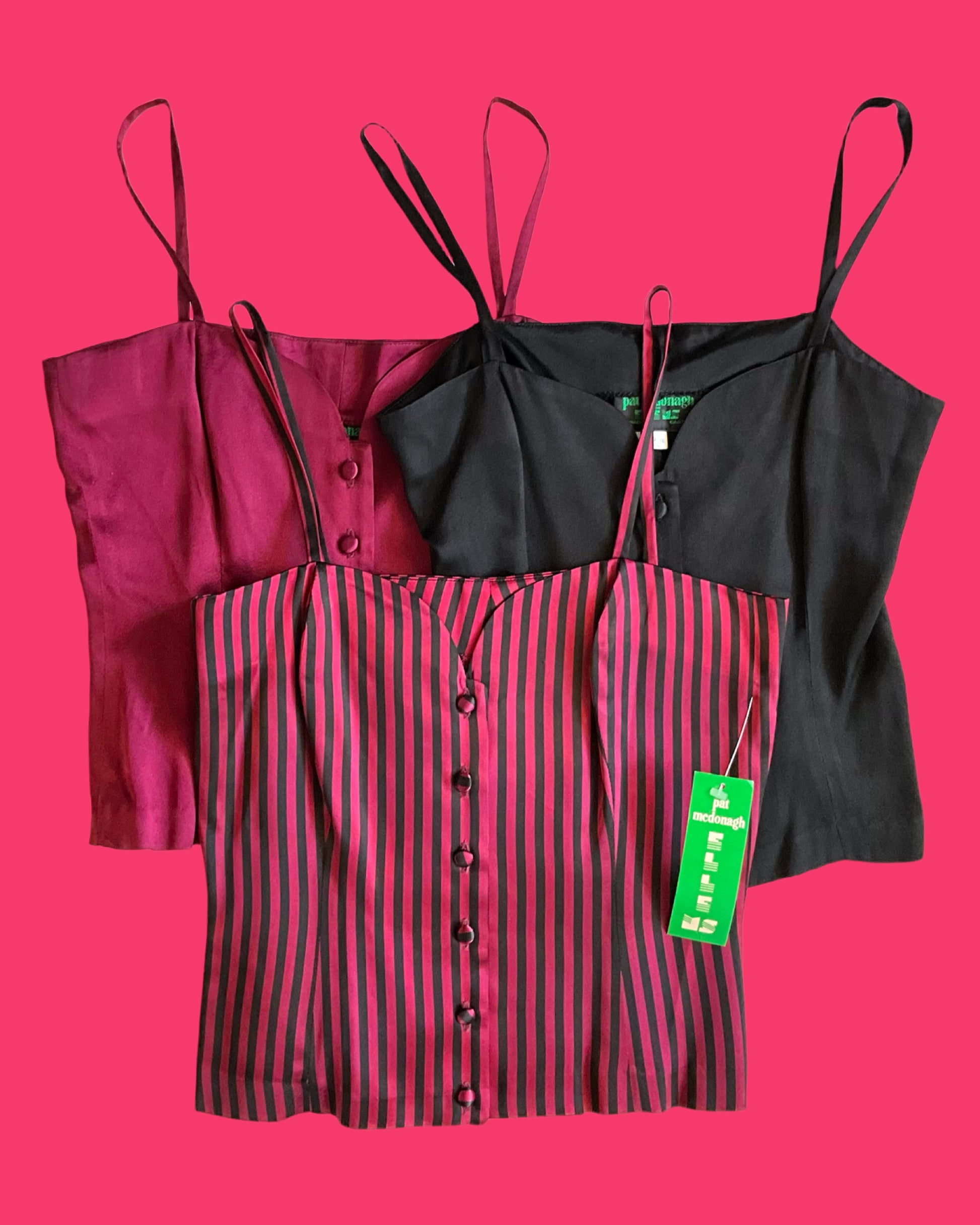 Vintage Deadstock 1990s Black and Maroon Satin Sweetheart Strap Tops, S/XS