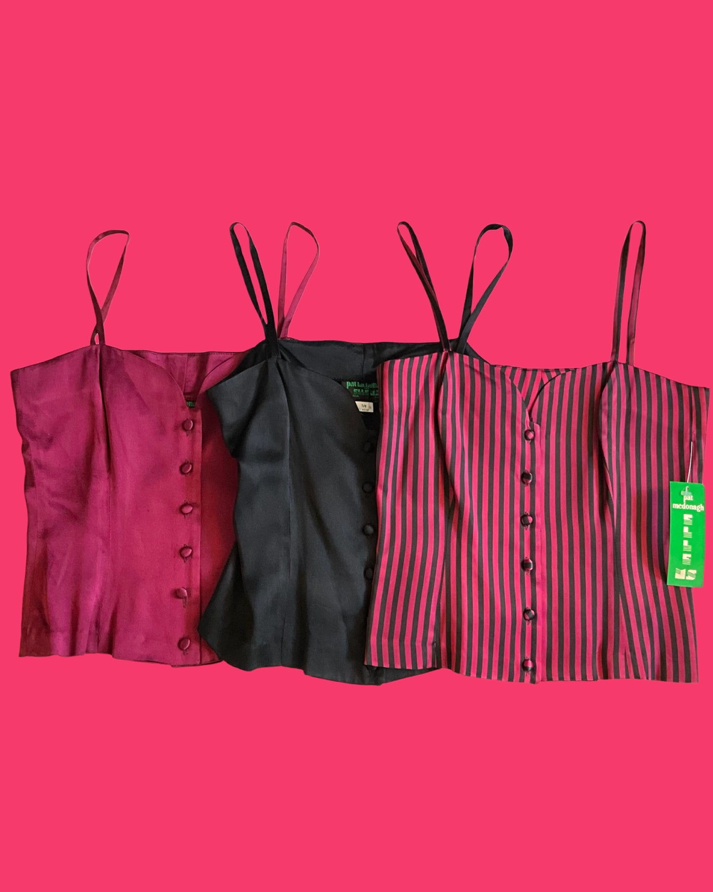 Vintage Deadstock 1990s Black and Maroon Satin Sweetheart Strap Tops, S/XS