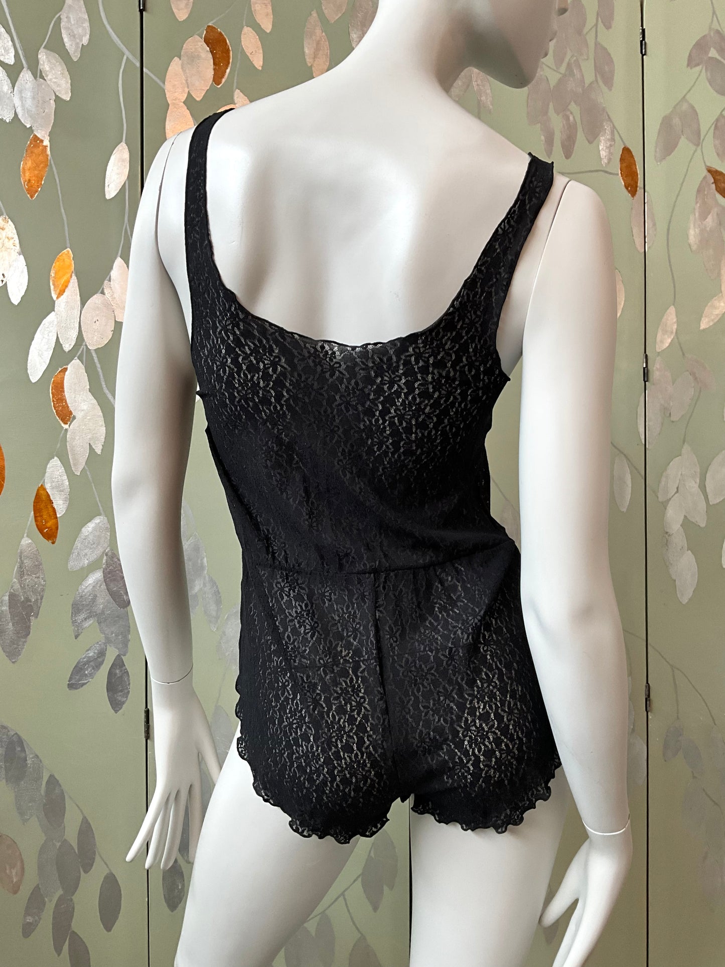 Vintage 1990s Black Lace Sheer Teddy Bodysuit with Rosette, Small 