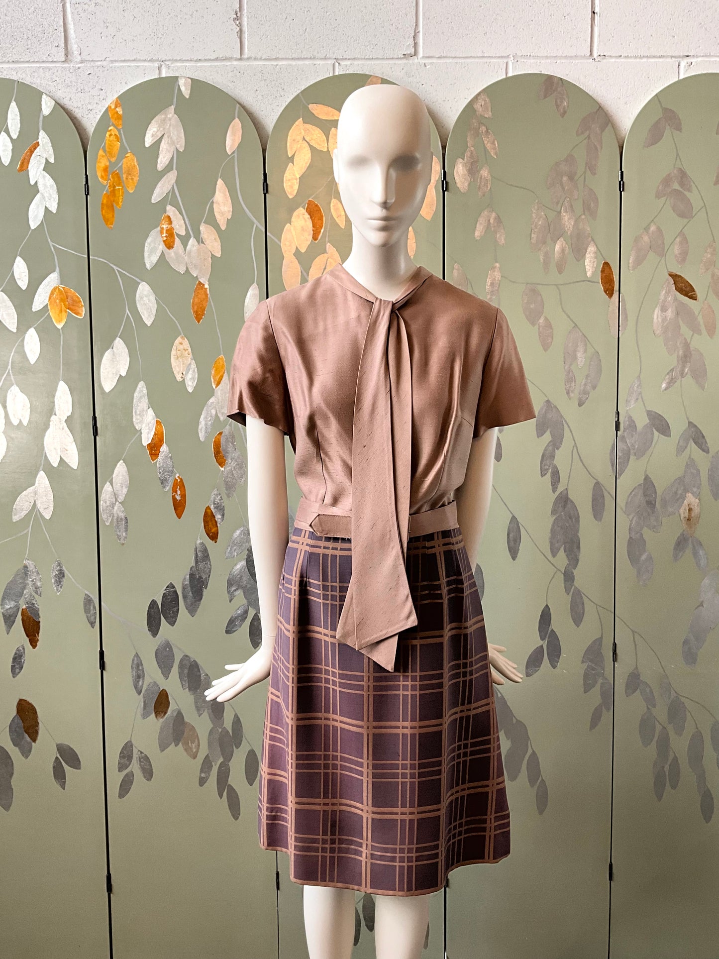 Vintage 1960s 2-PC Plum Check Dress and Jacket Set, Large 