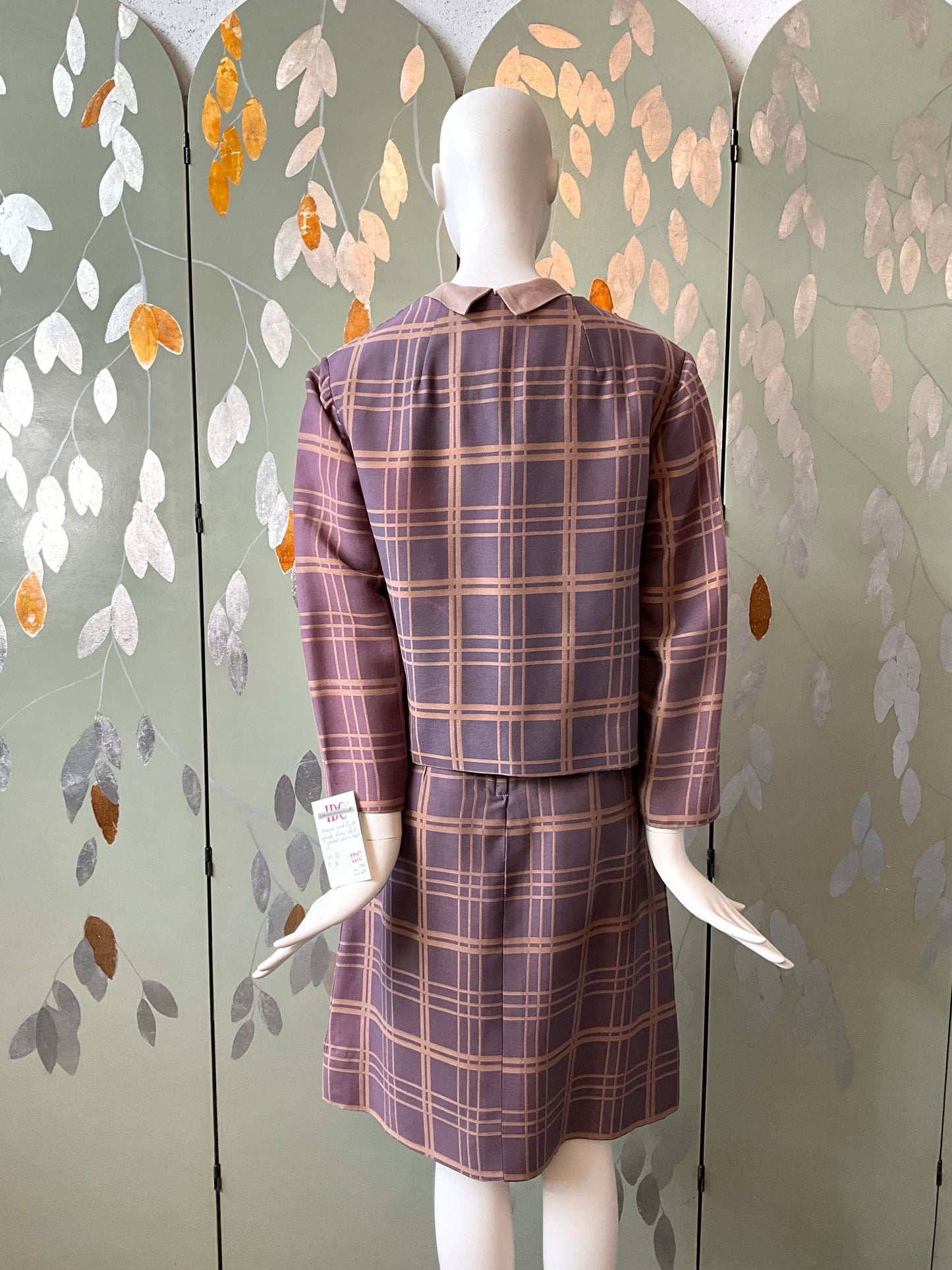 Vintage 1960s 2-PC Plum Check Dress and Jacket Set, Large 