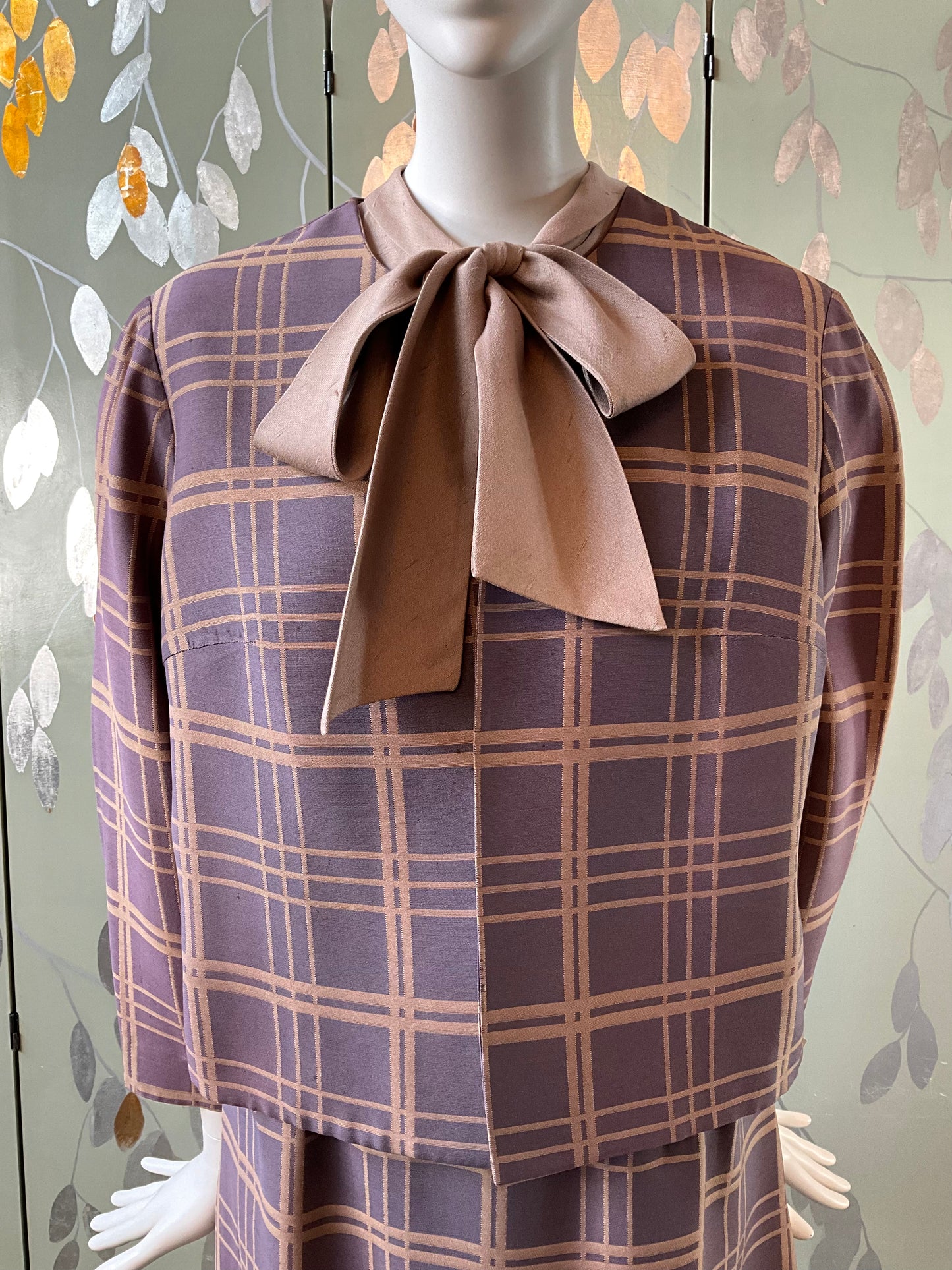 Vintage 1960s 2-PC Plum Check Dress and Jacket Set, Large 