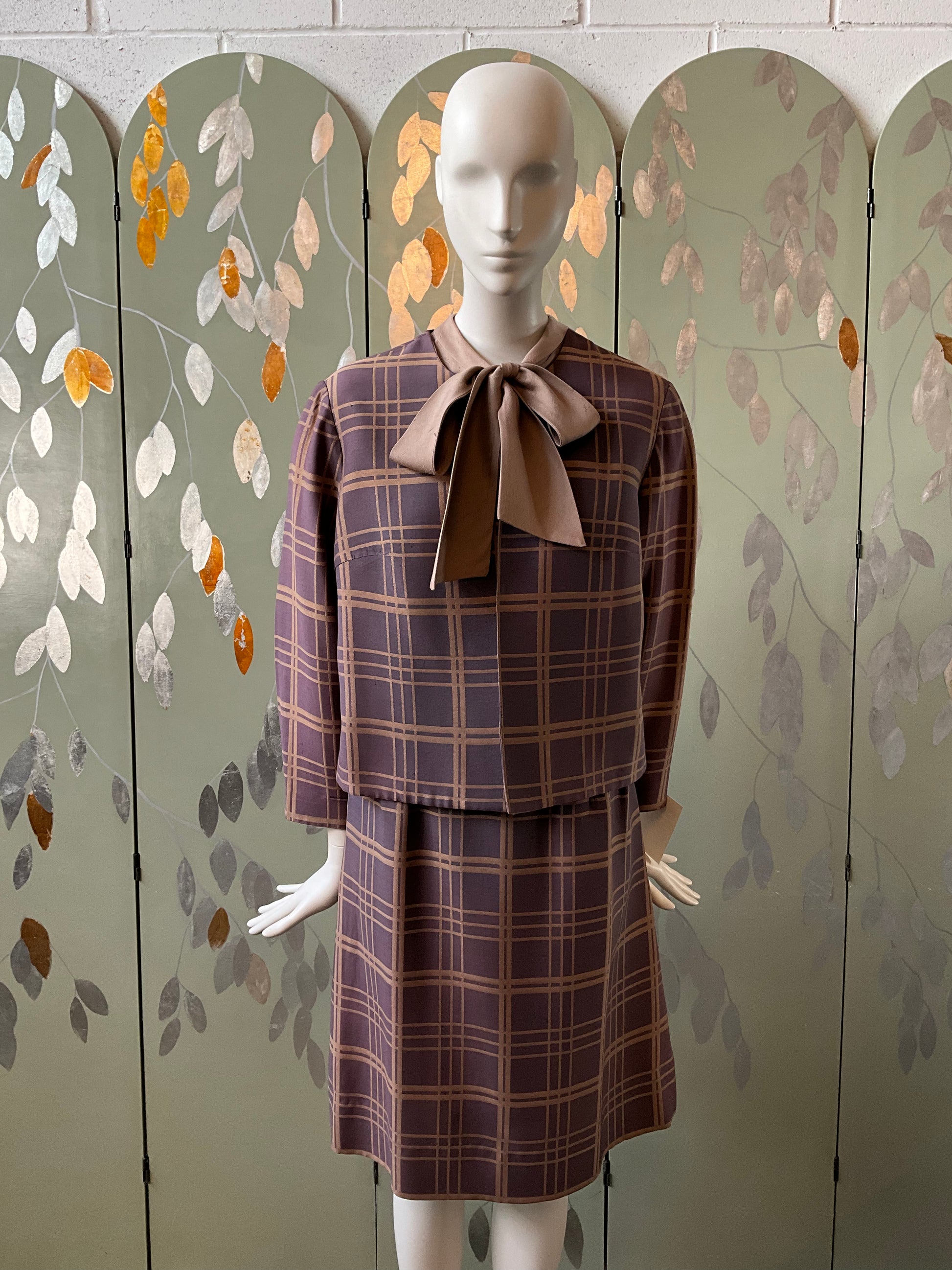 Vintage 1960s 2-PC Plum Check Dress and Jacket Set, Large 