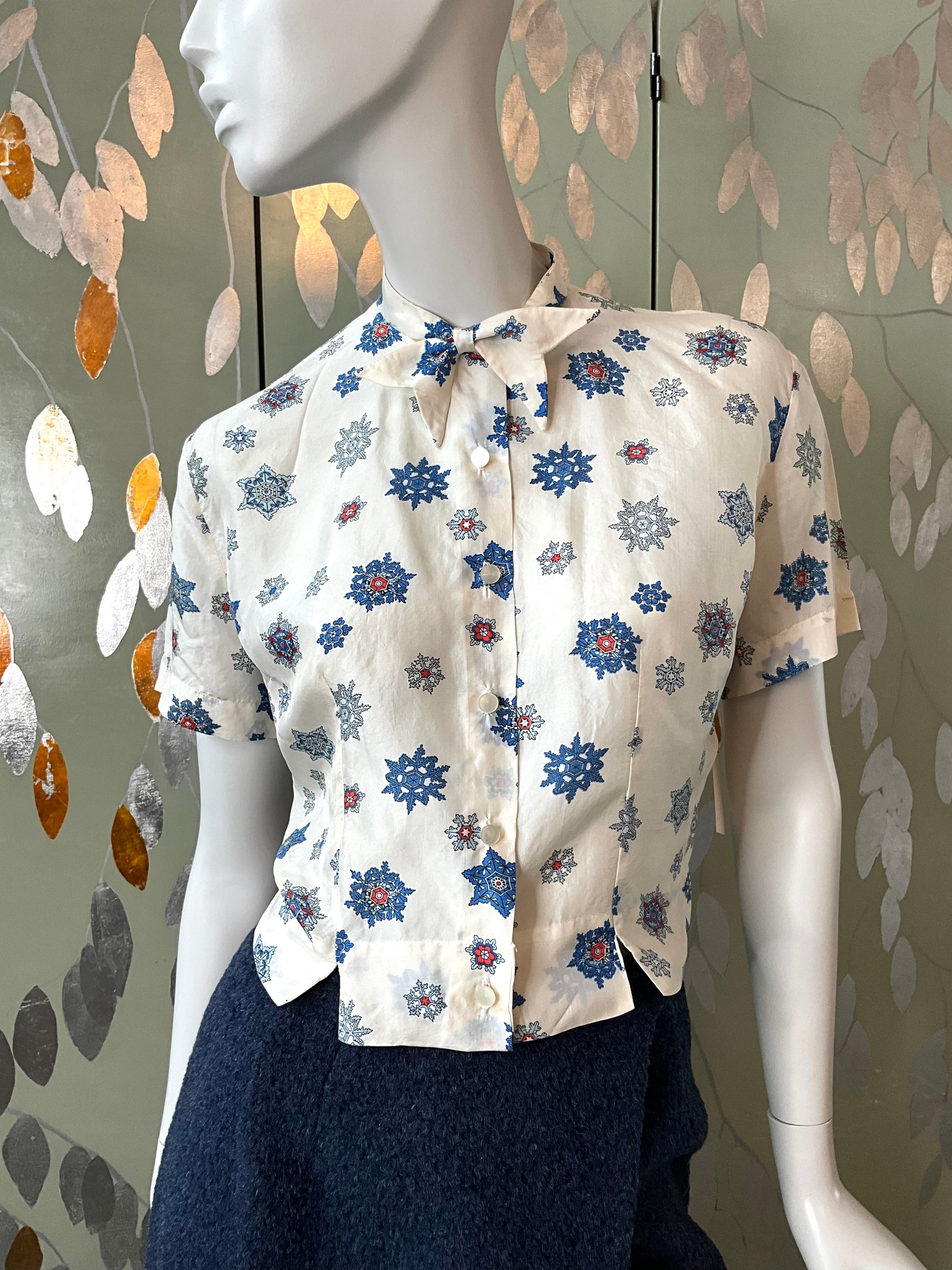 Vintage 1960s White and Blue Silk Blouse with Bow, Med