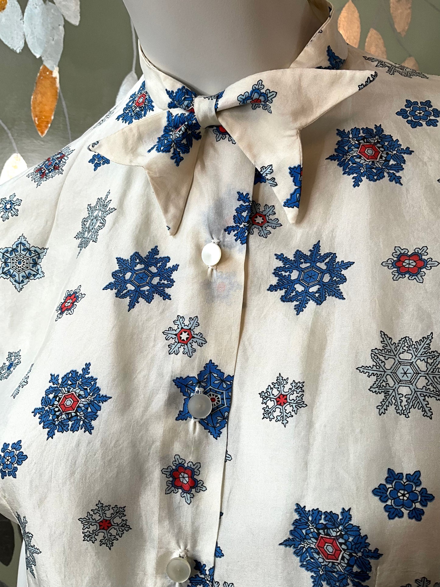 Vintage 1960s White and Blue Silk Blouse with Bow, Med