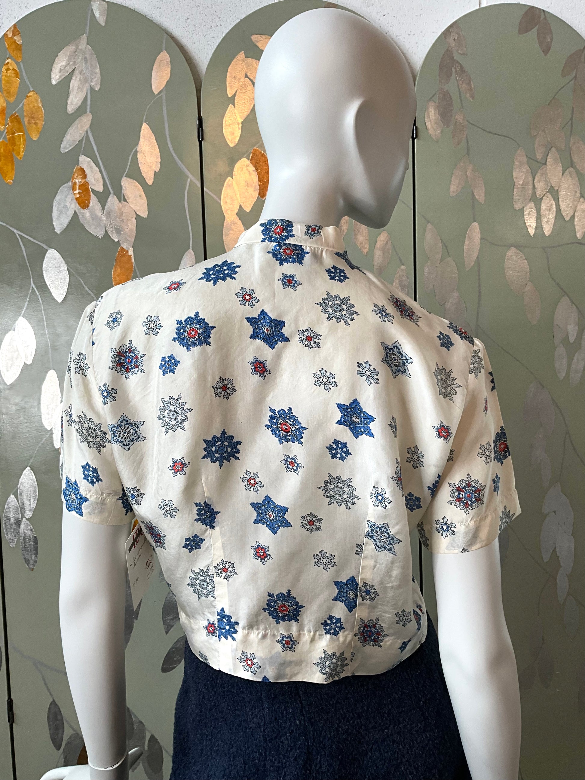 Vintage 1960s White and Blue Silk Blouse with Bow, Med