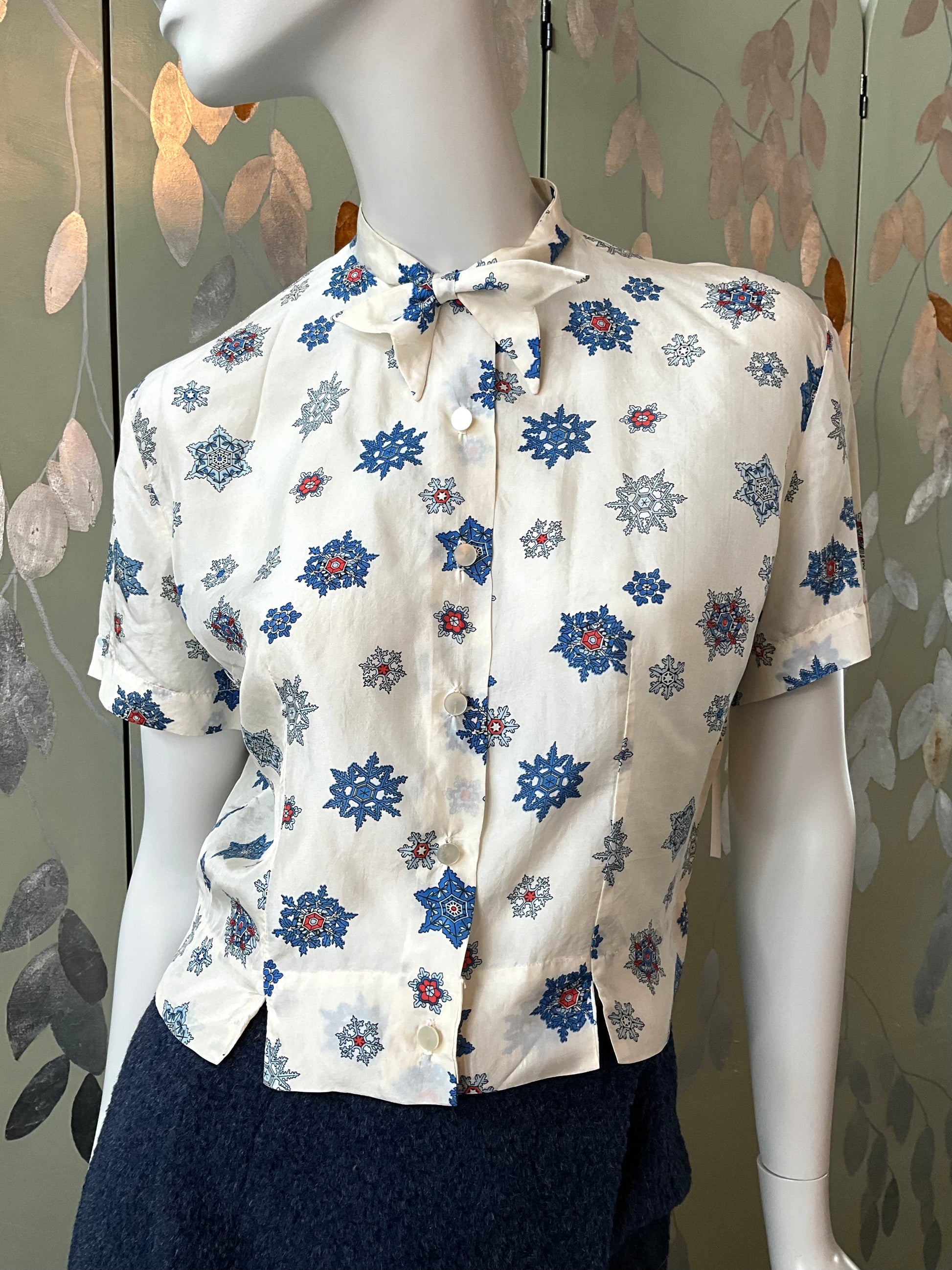 Vintage 1960s White and Blue Silk Blouse with Bow, Med