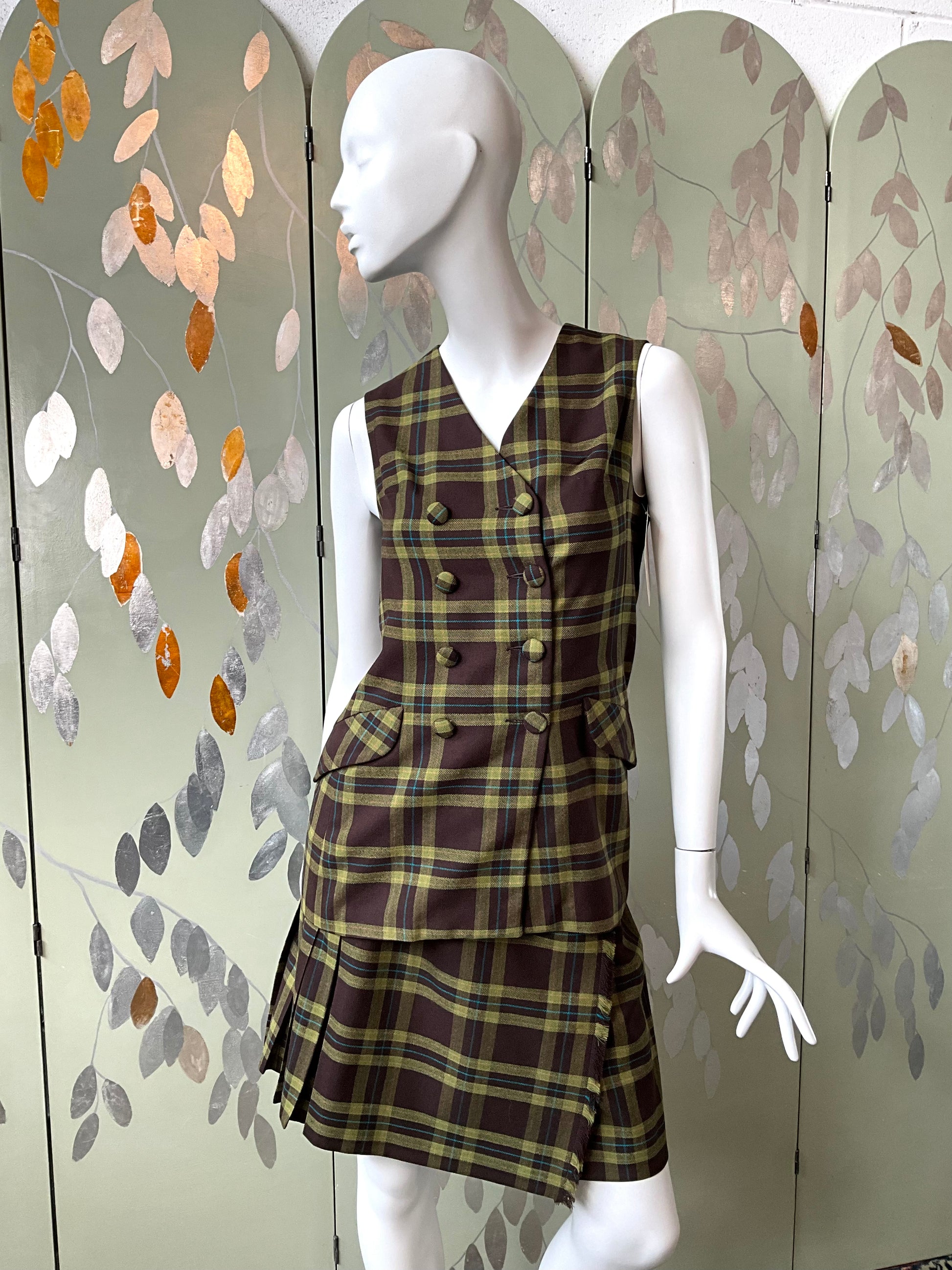 Vintage 1960s Green Brown Plaid Kilt and Waistcoat Set, Small 