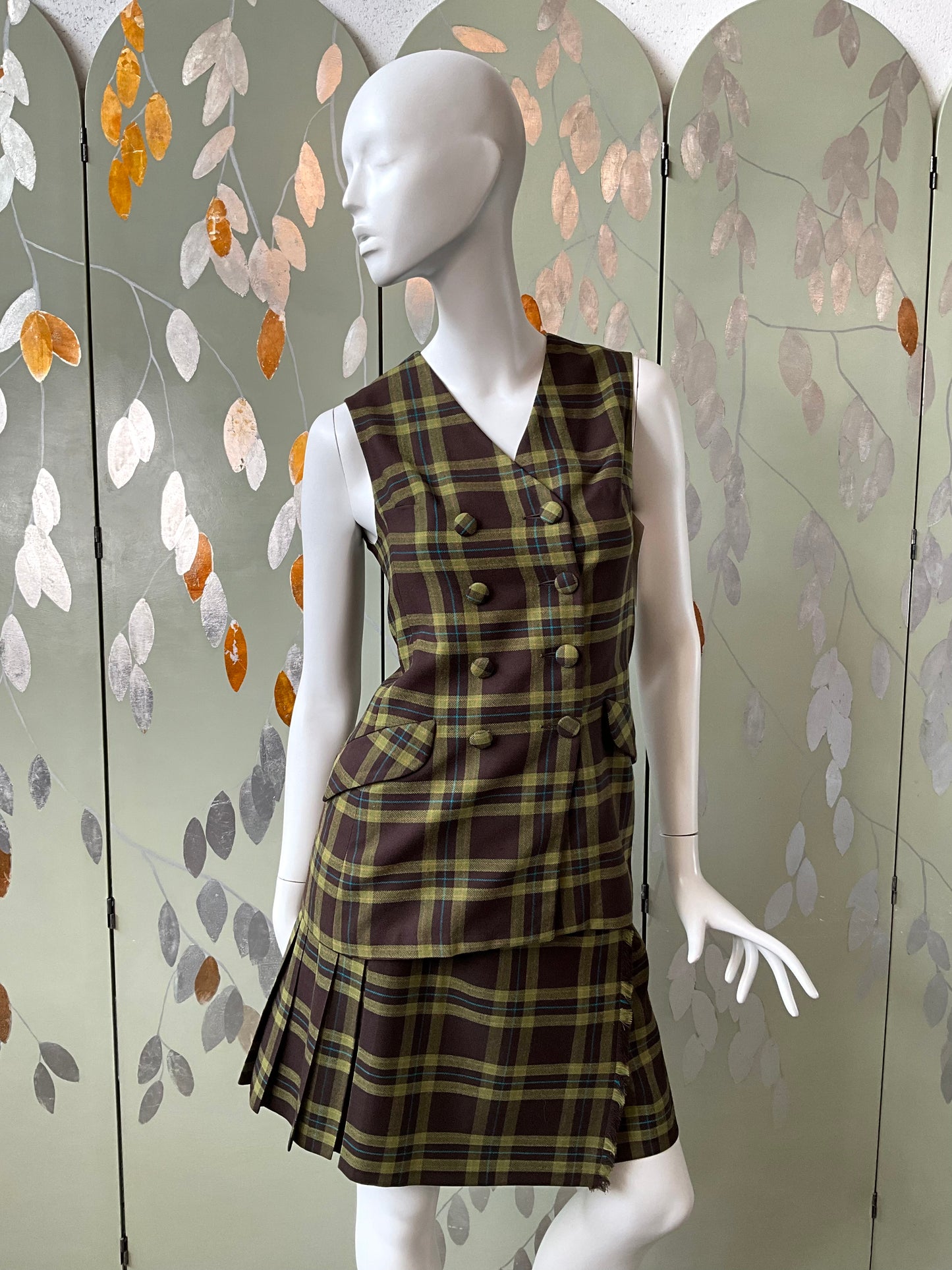 Vintage 1960s Green Brown Plaid Kilt and Waistcoat Set, Small 