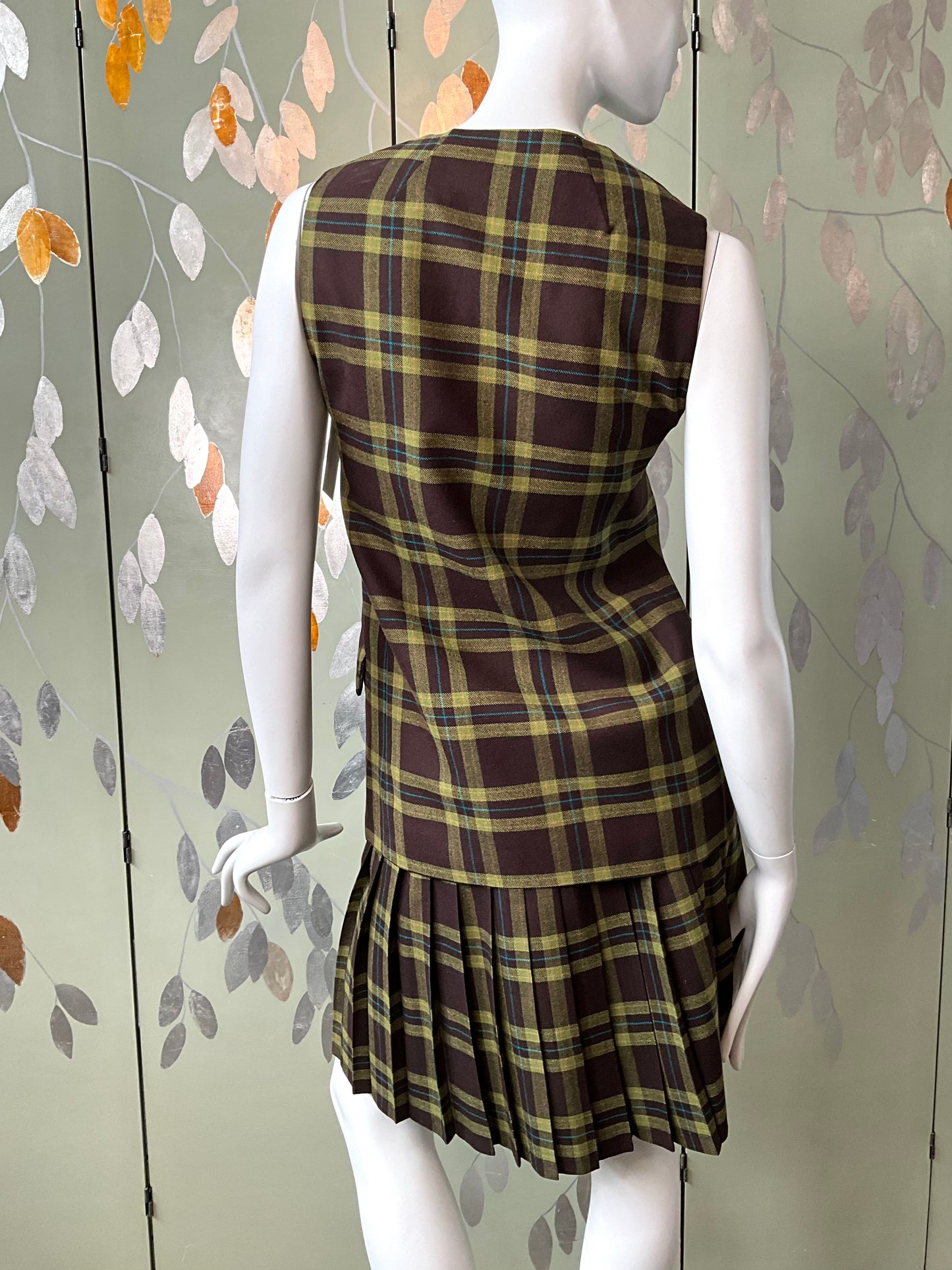 Vintage 1960s Green Brown Plaid Kilt and Waistcoat Set, Small 