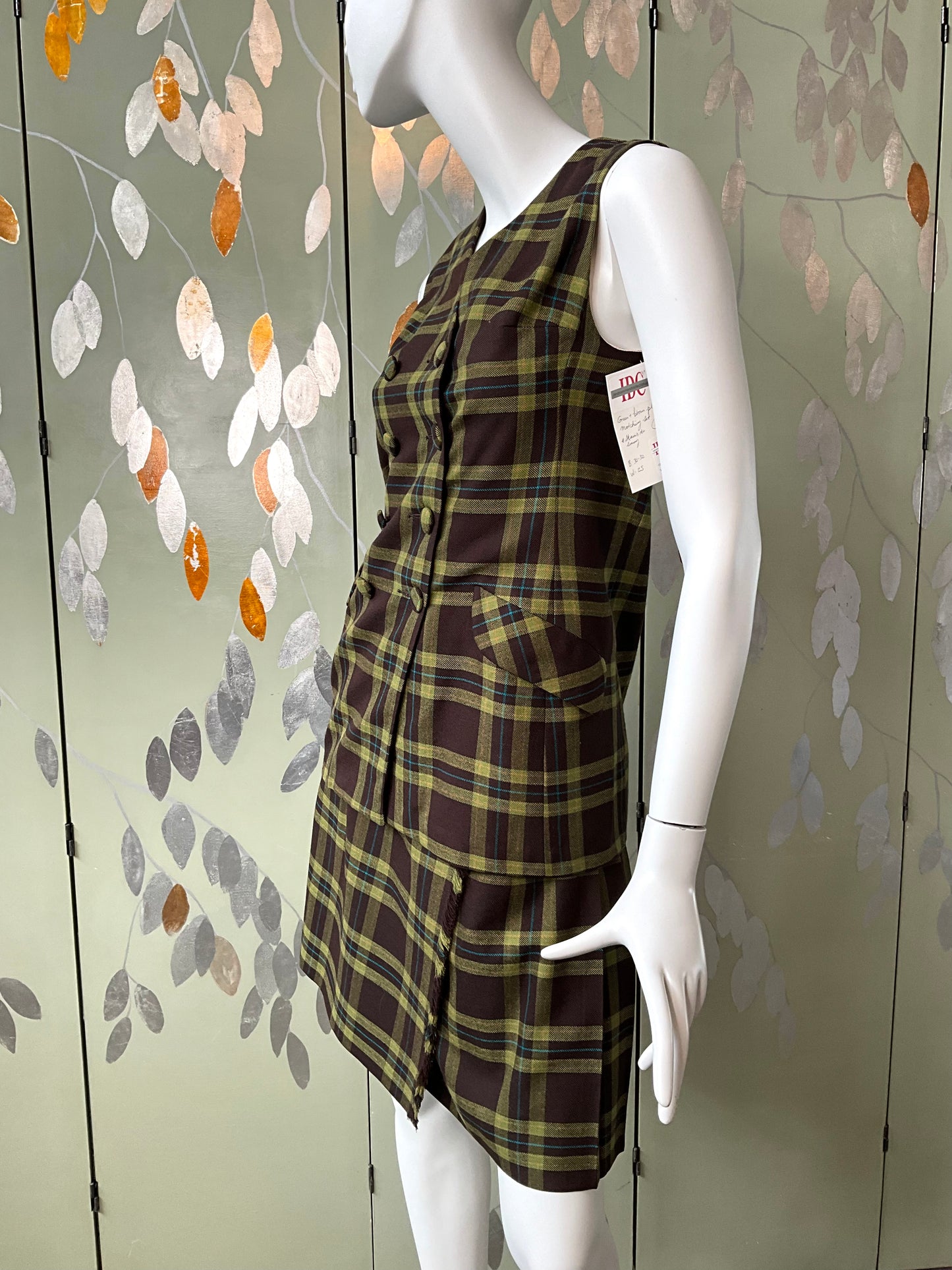 Vintage 1960s Green Brown Plaid Kilt and Waistcoat Set, Small 