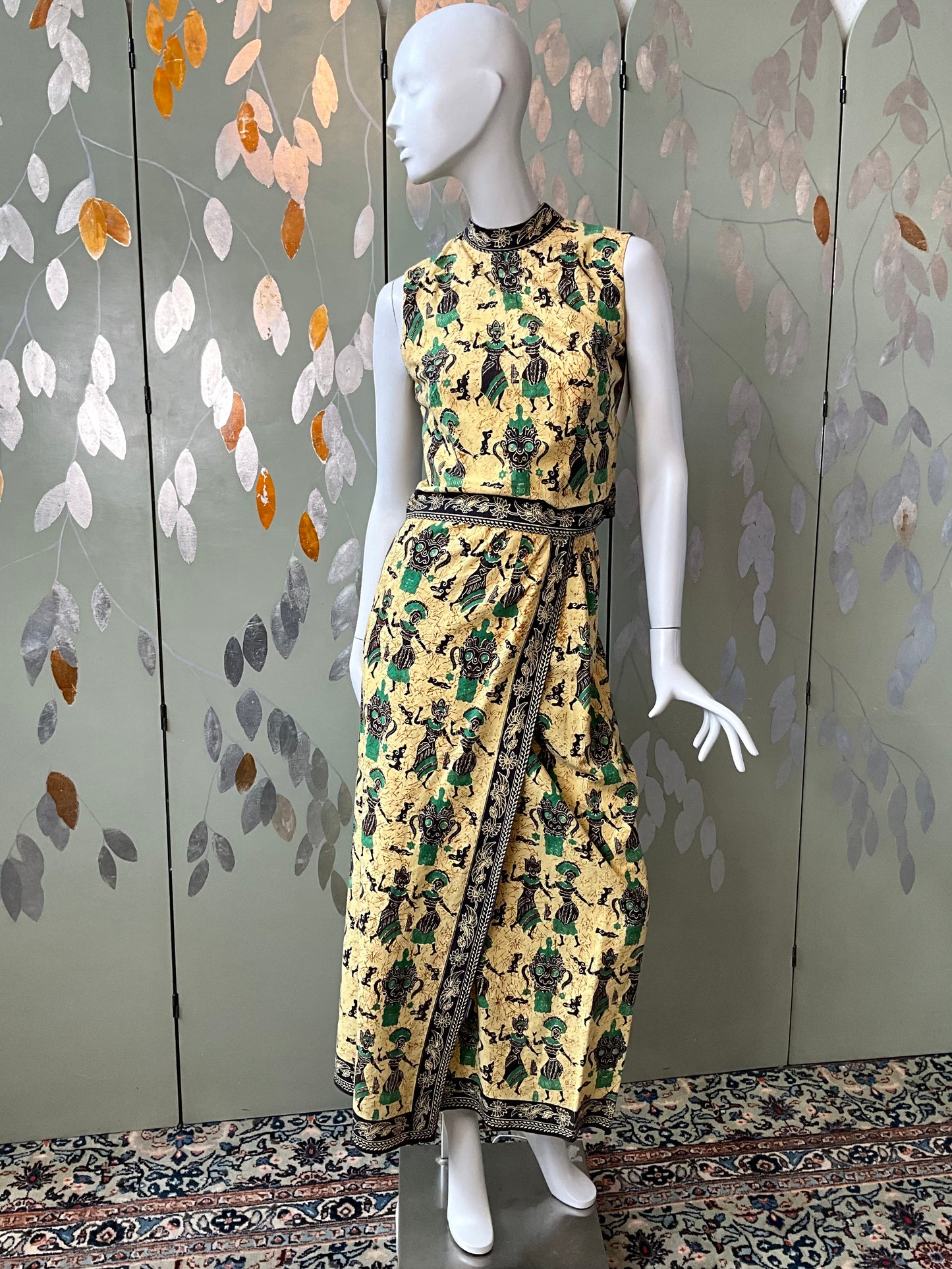 Vintage 1960s Yellow Cotton Print Top and Maxi Skirt Set, Small 