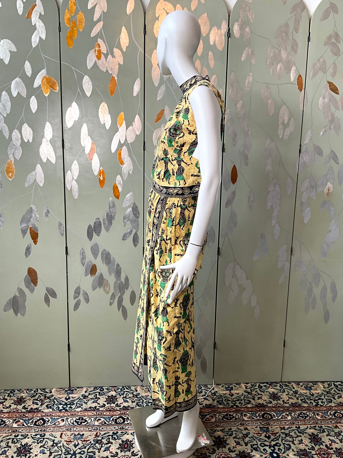 Vintage 1960s Yellow Cotton Print Top and Maxi Skirt Set, Small 