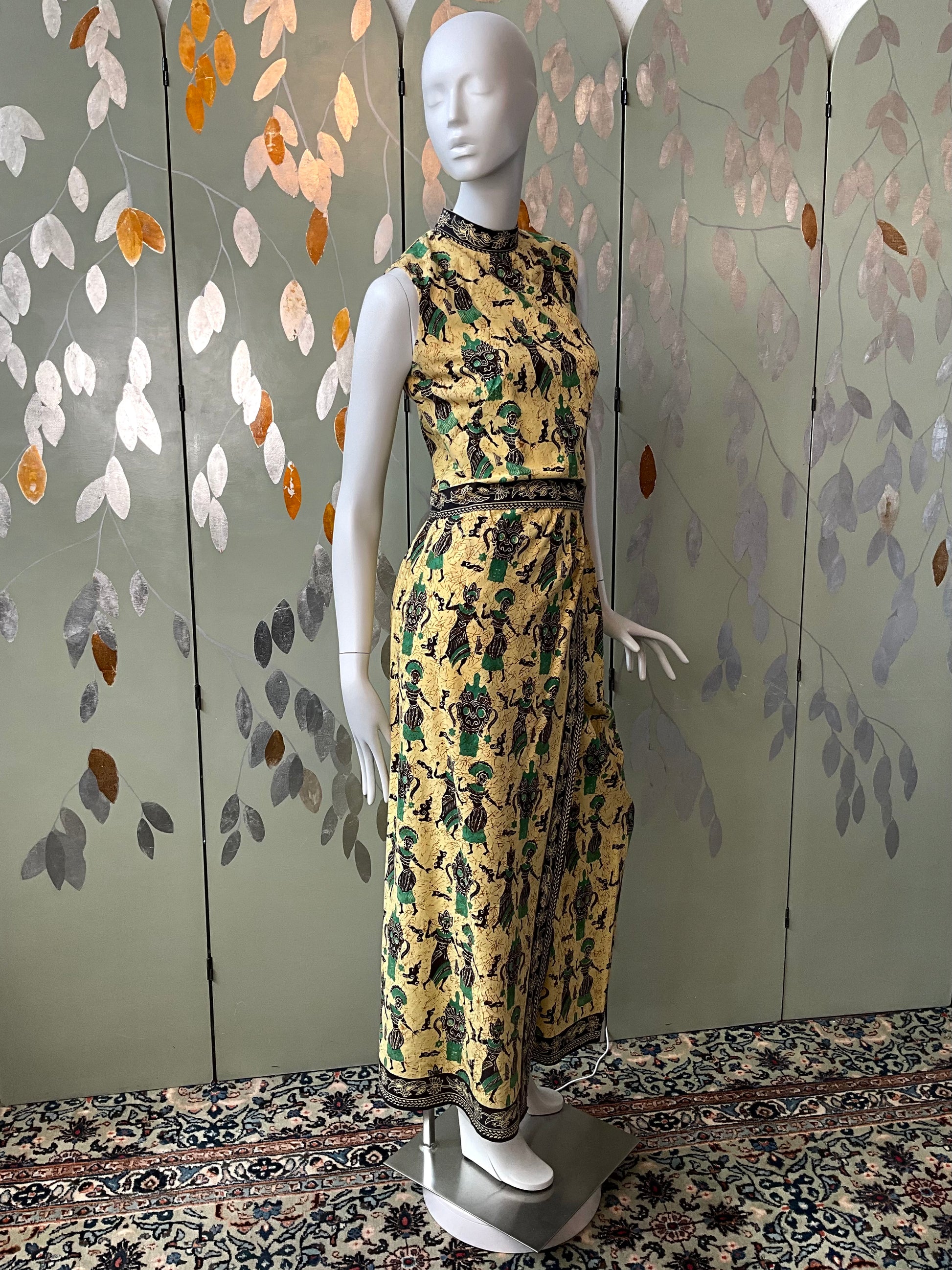 Vintage 1960s Yellow Cotton Print Top and Maxi Skirt Set, Small 