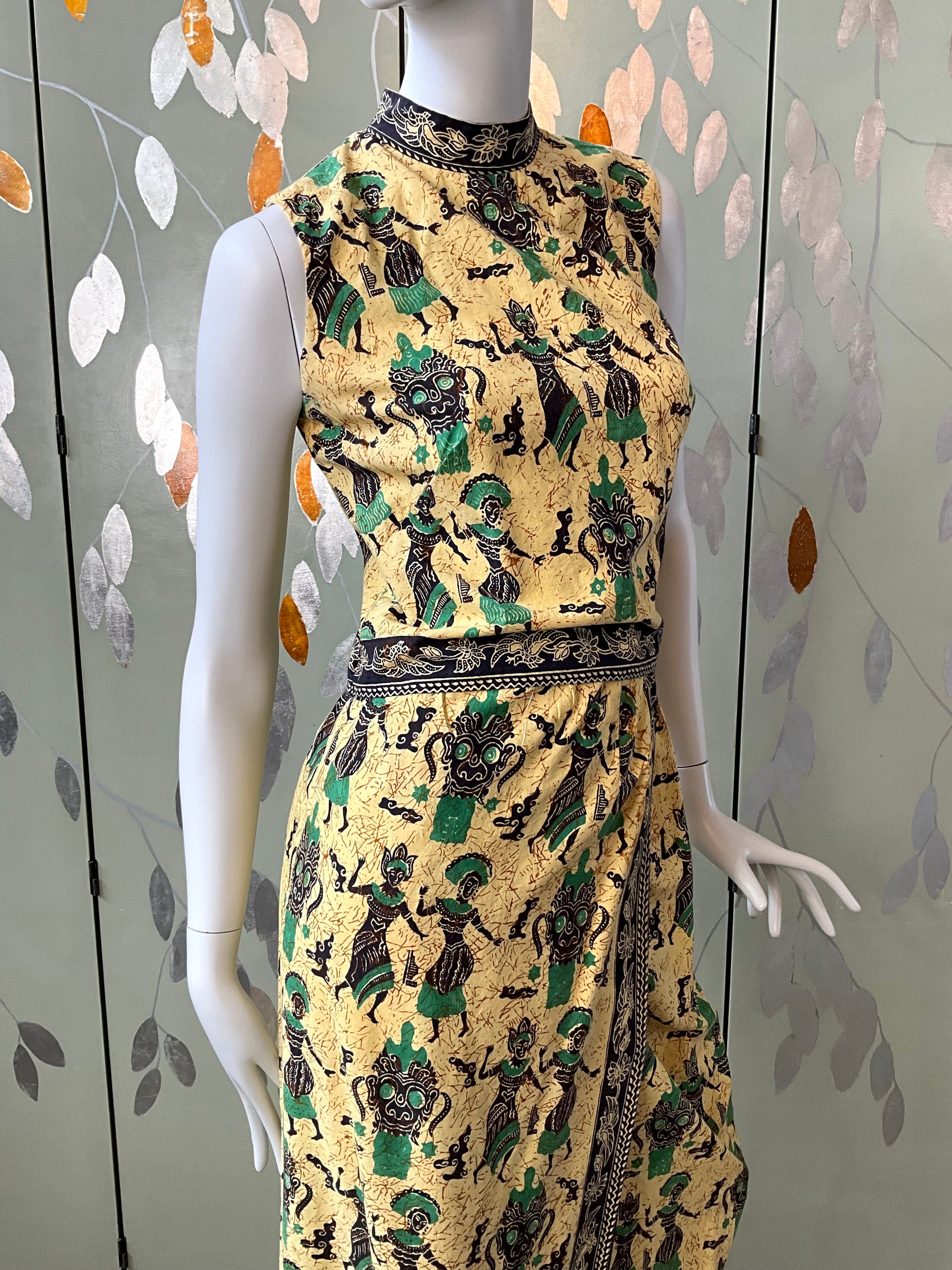 Vintage 1960s Yellow Cotton Print Top and Maxi Skirt Set, Small 