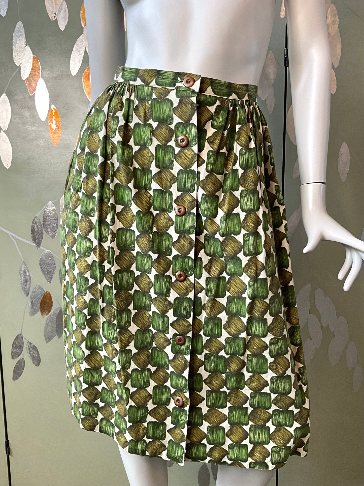 Vintage 1960s Green Cotton Abstract Print Playsuit and Skirt Set, XS