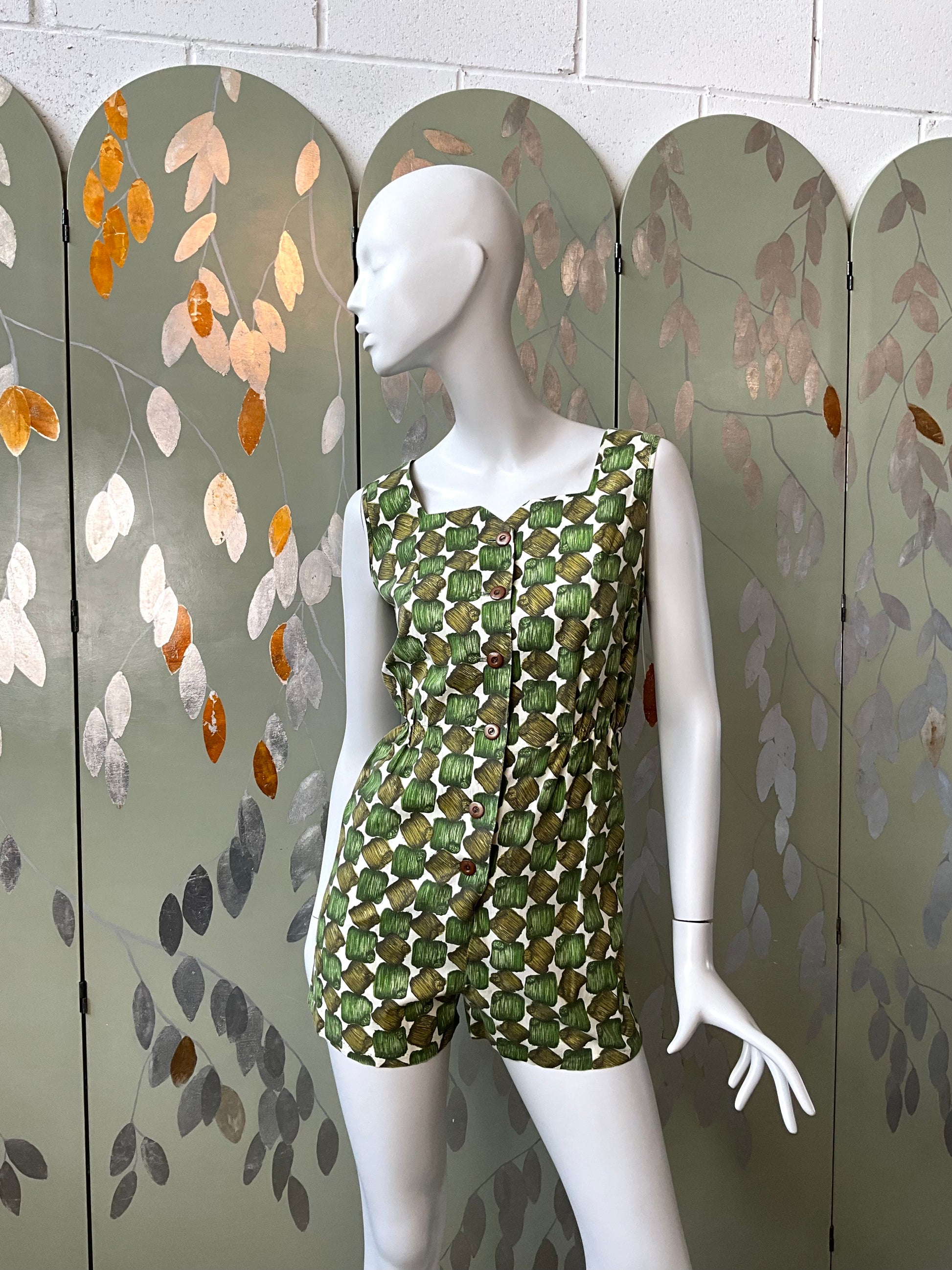 Vintage 1960s Green Cotton Abstract Print Playsuit and Skirt Set, XS