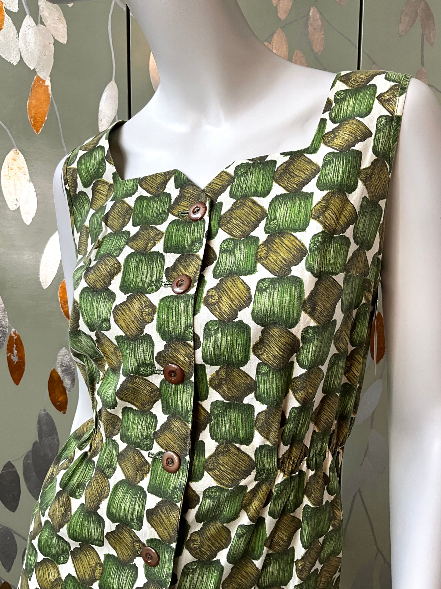 Vintage 1960s Green Cotton Abstract Print Playsuit and Skirt Set, XS