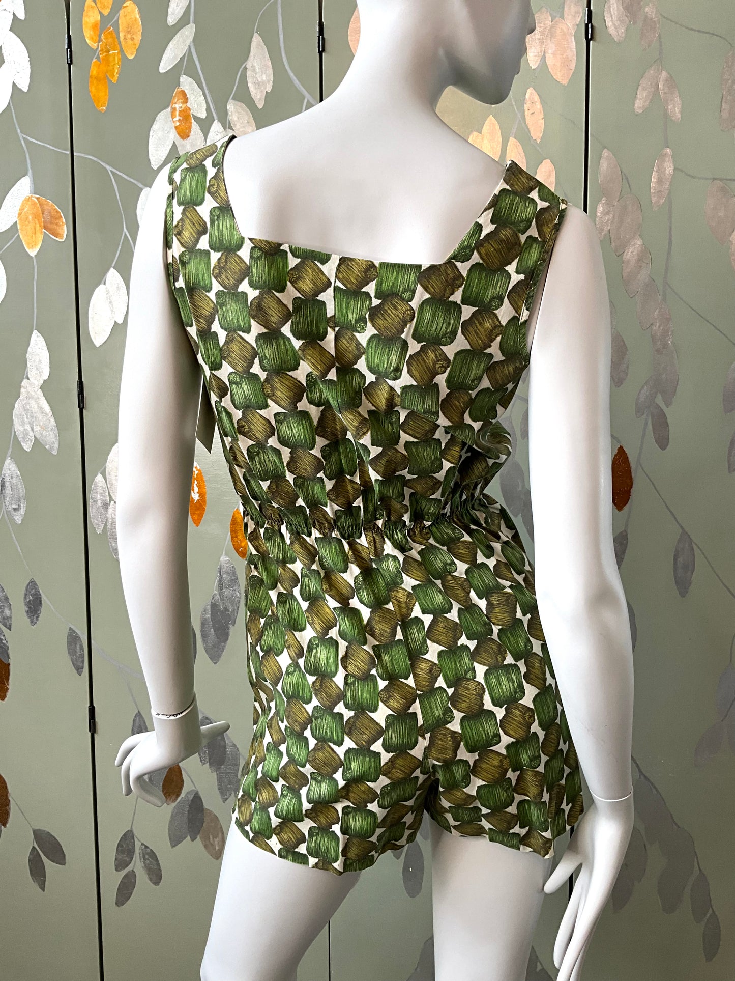 Vintage 1960s Green Cotton Abstract Print Playsuit and Skirt Set, XS