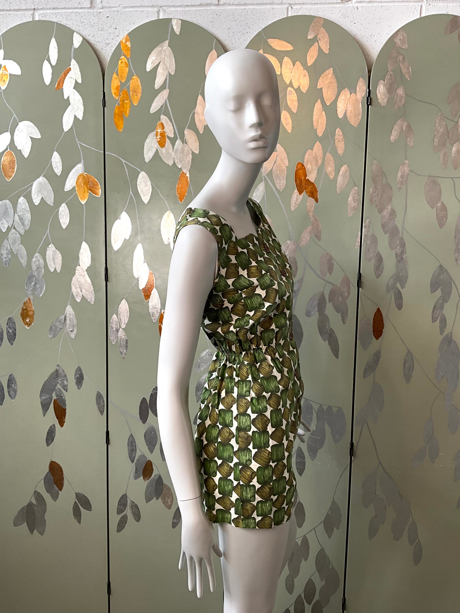 Vintage 1960s Green Cotton Abstract Print Playsuit and Skirt Set, XS