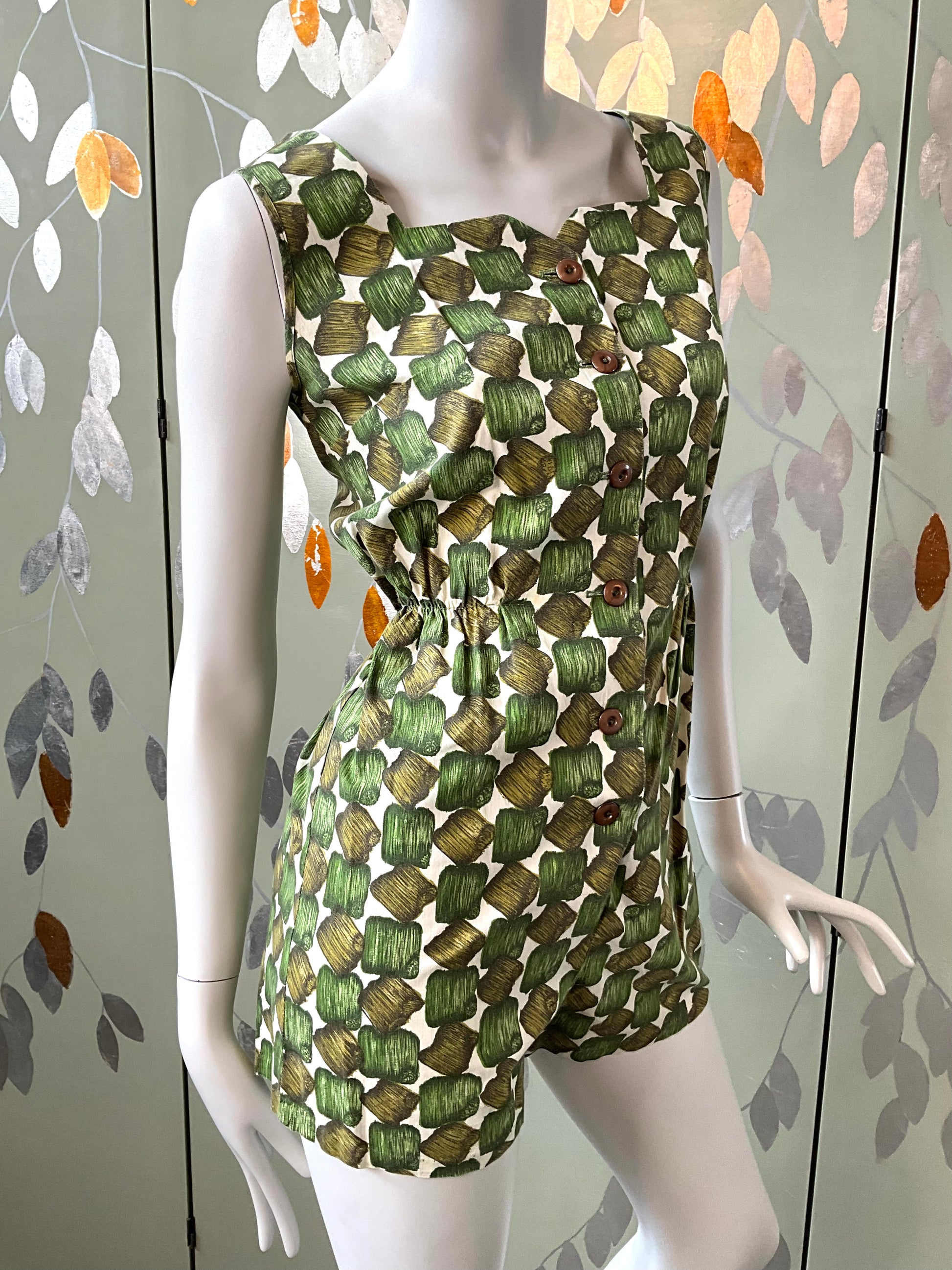 Vintage 1960s Green Cotton Abstract Print Playsuit and Skirt Set, XS