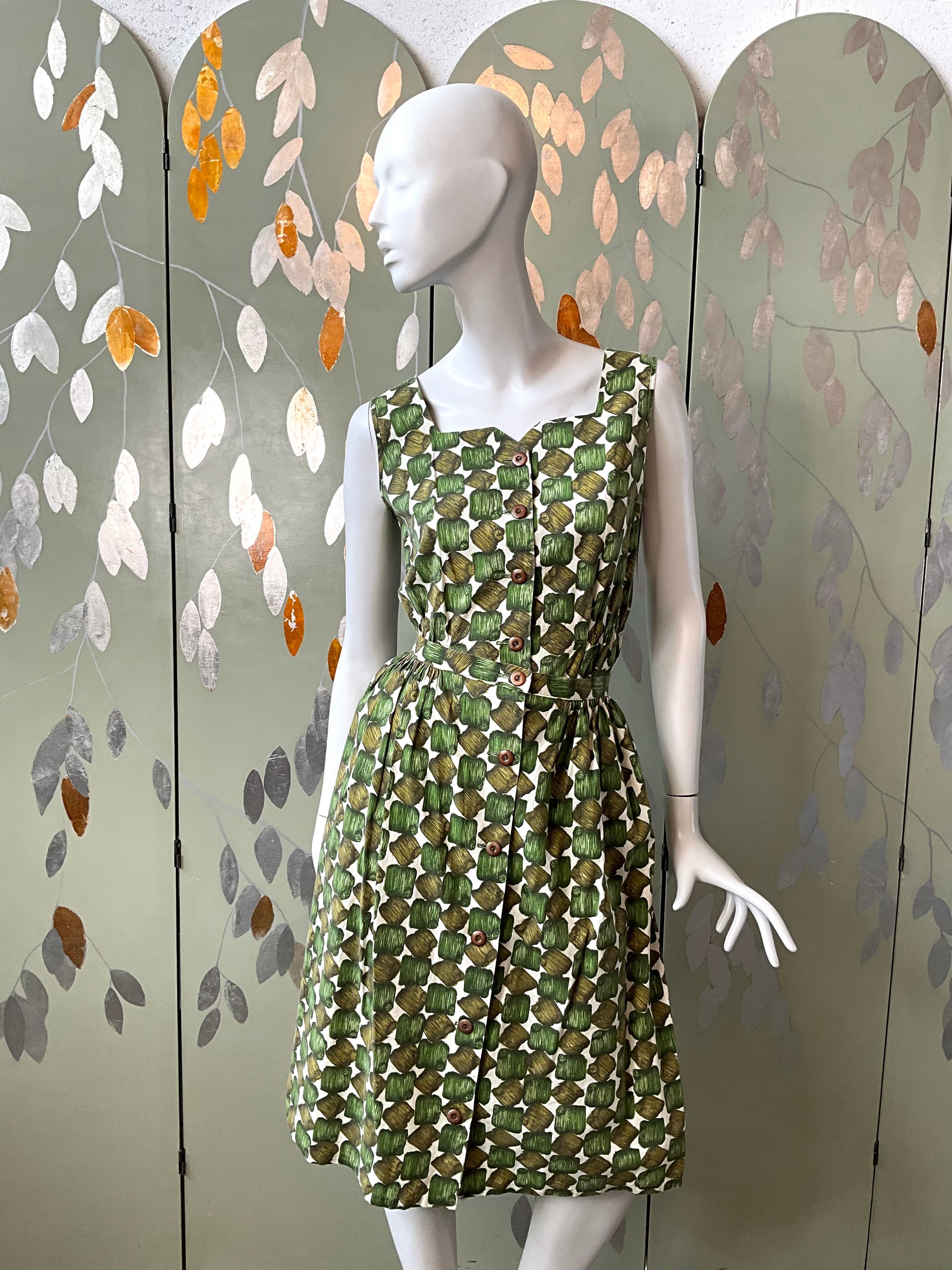 Vintage 1960s Green Cotton Abstract Print Playsuit and Skirt Set, XS