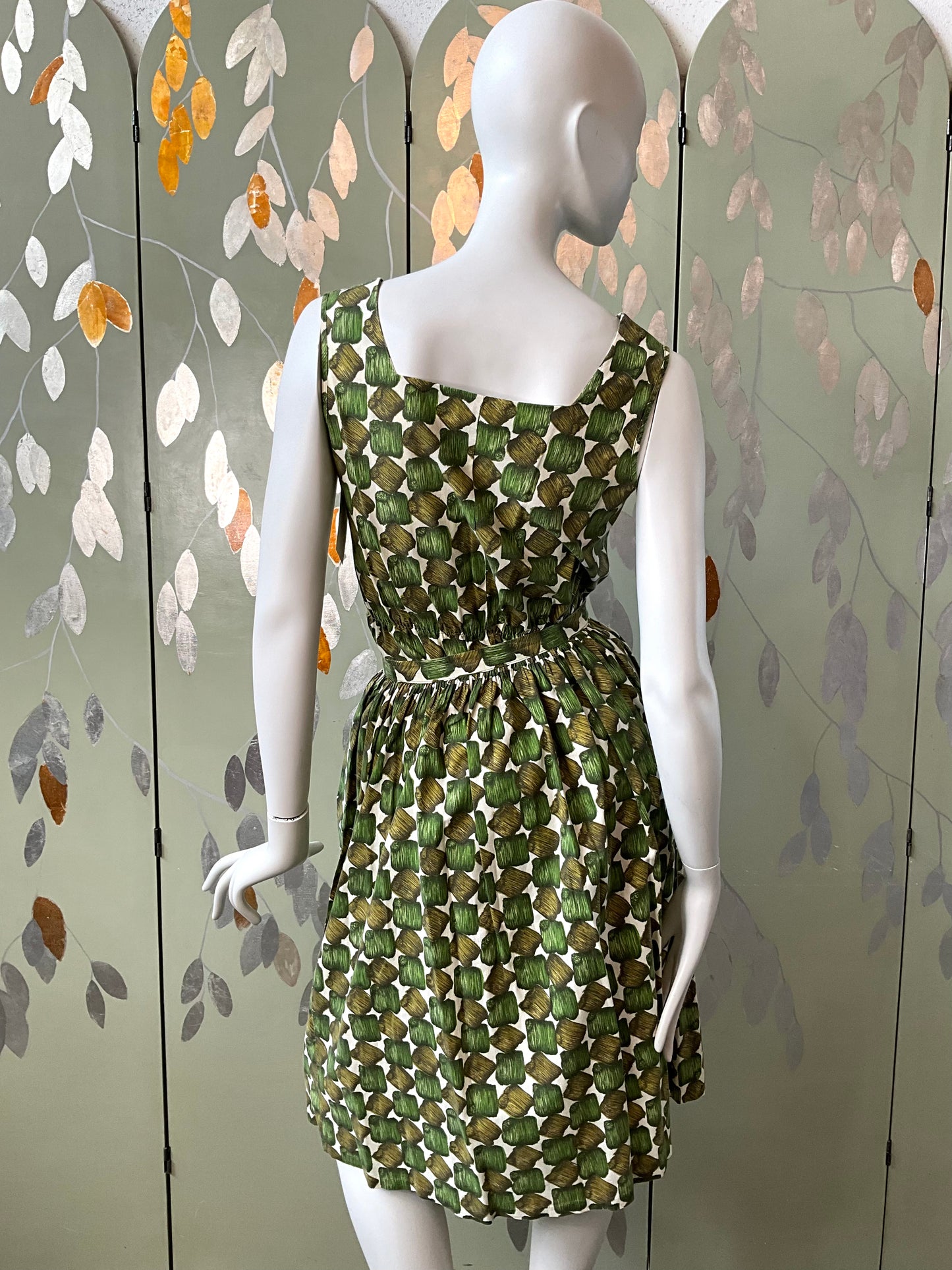 Vintage 1960s Green Cotton Abstract Print Playsuit and Skirt Set, XS