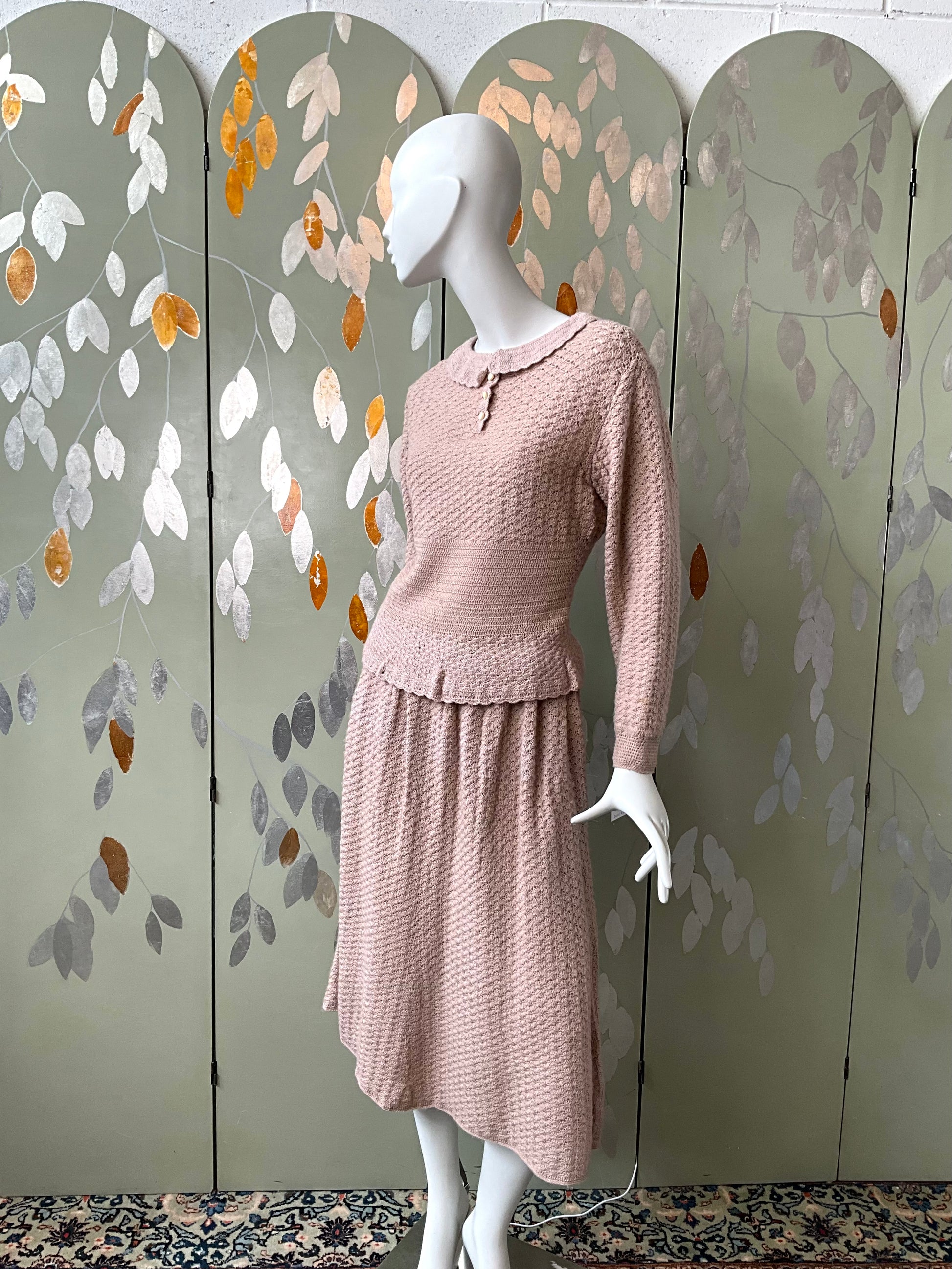 Vintage 1980s Pink Knit Top and Skirt Set, Medium