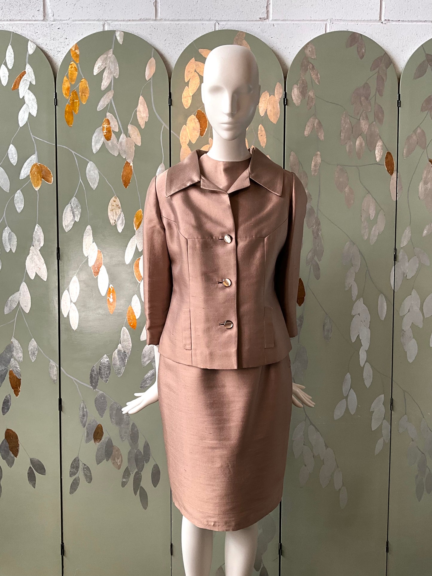 Vintage 1960s Beige Silk 3-PC Skirt Suit, Small 