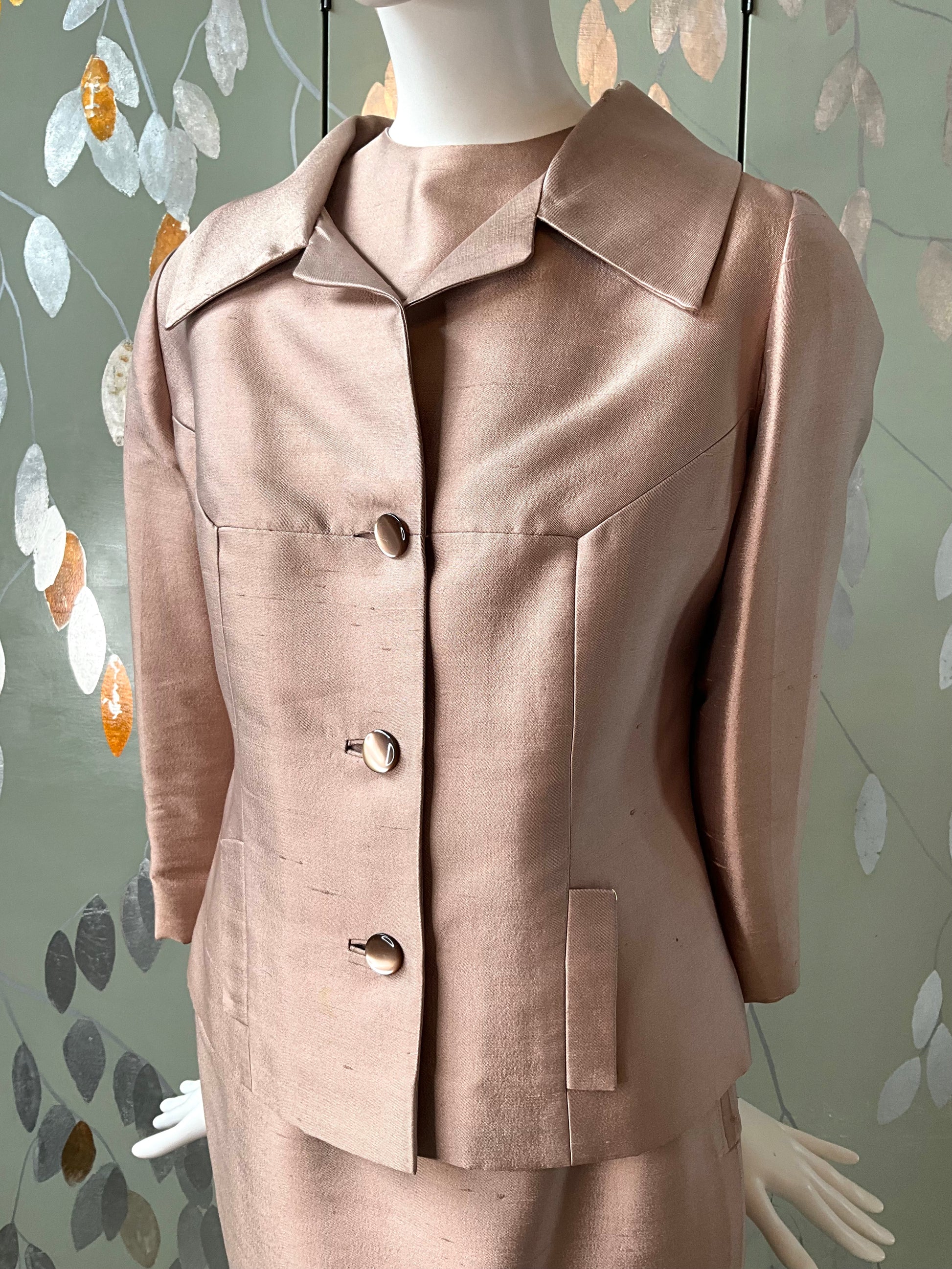 Vintage 1960s Beige Silk 3-PC Skirt Suit, Small 