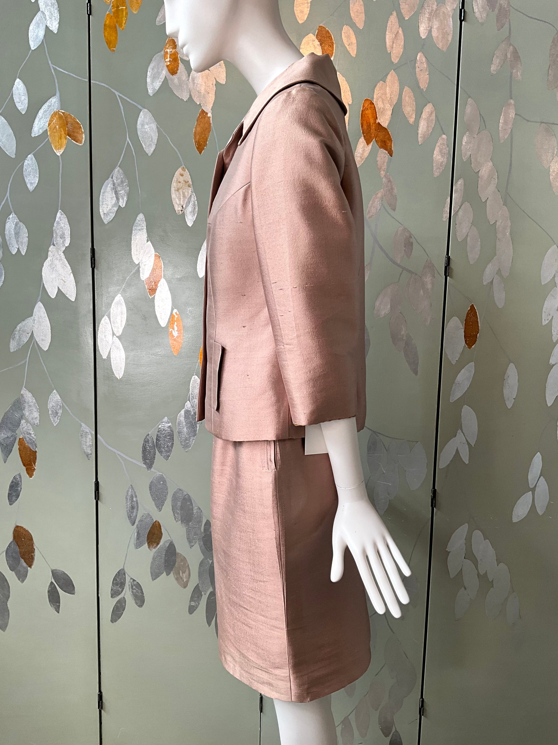 Vintage 1960s Beige Silk 3-PC Skirt Suit, Small 