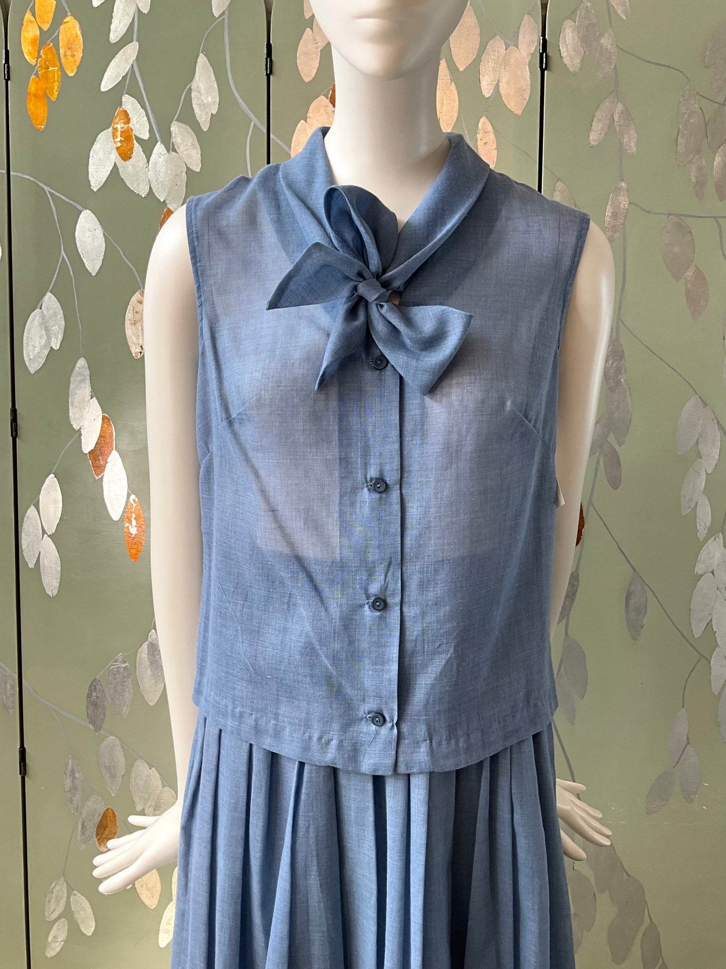 Vintage 1960s Sky Blue Sleeveless Blouse and Pleated Skirt Set, XS