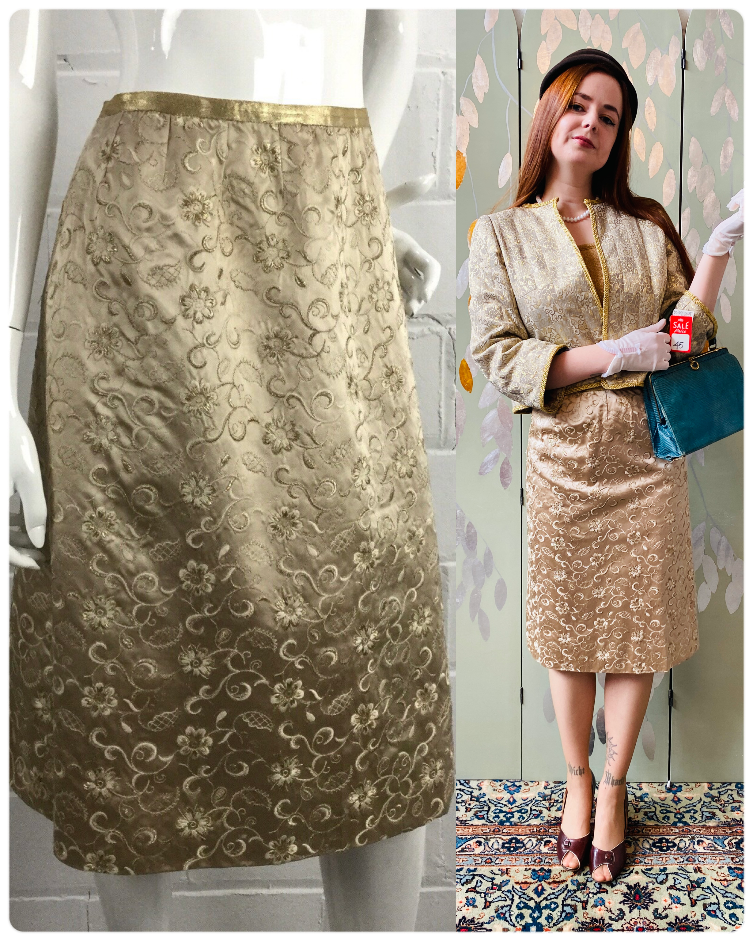 Vintage 1960s Champagne Gold Metallic Floral Embroidered Silk Pencil Skirt