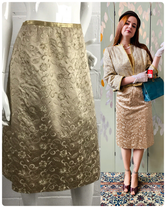 Vintage 1960s Champagne Gold Metallic Floral Embroidered Silk Pencil Skirt, W24". Golden Girl/ Evening Splendour Barbie 1960s.