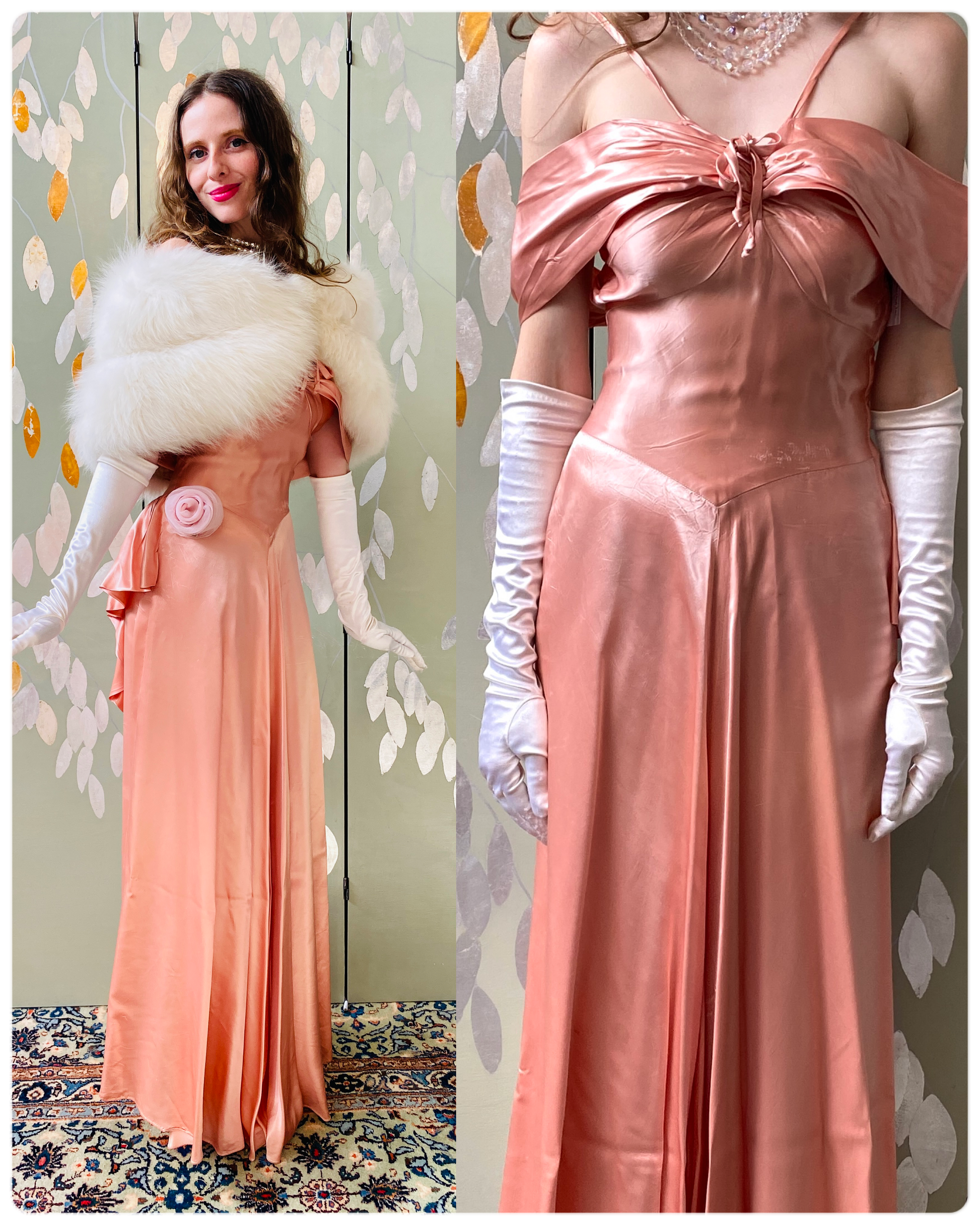 Vintage 1940s Dusky Pink Liquid Satin Gown, XS. Enchanted Evening Barbie 1960. 