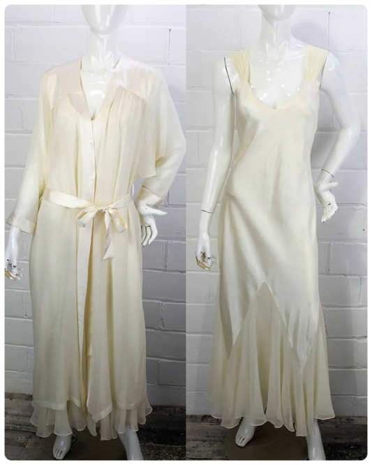 Vintage 90s Silk Charmeuse Gown With Matching Sheer Chiffon Robe, Patricia Fieldwalker, Large