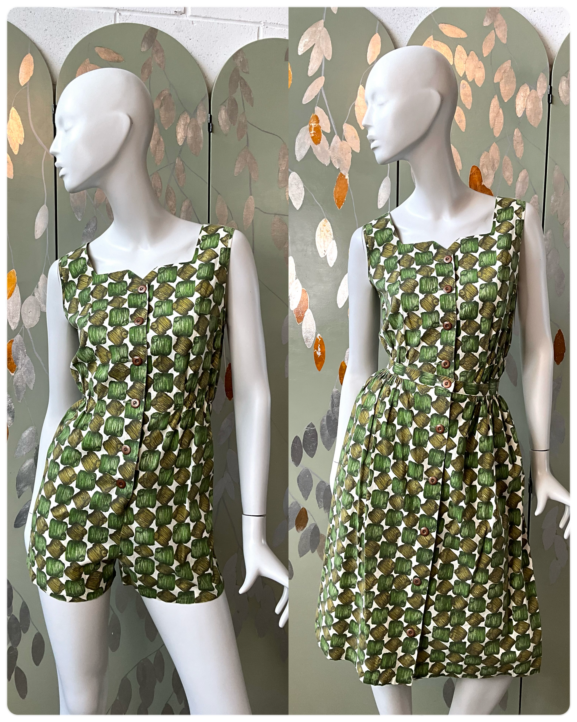 Vintage 1960s Green Cotton Abstract Print Playsuit and Skirt Set, XS