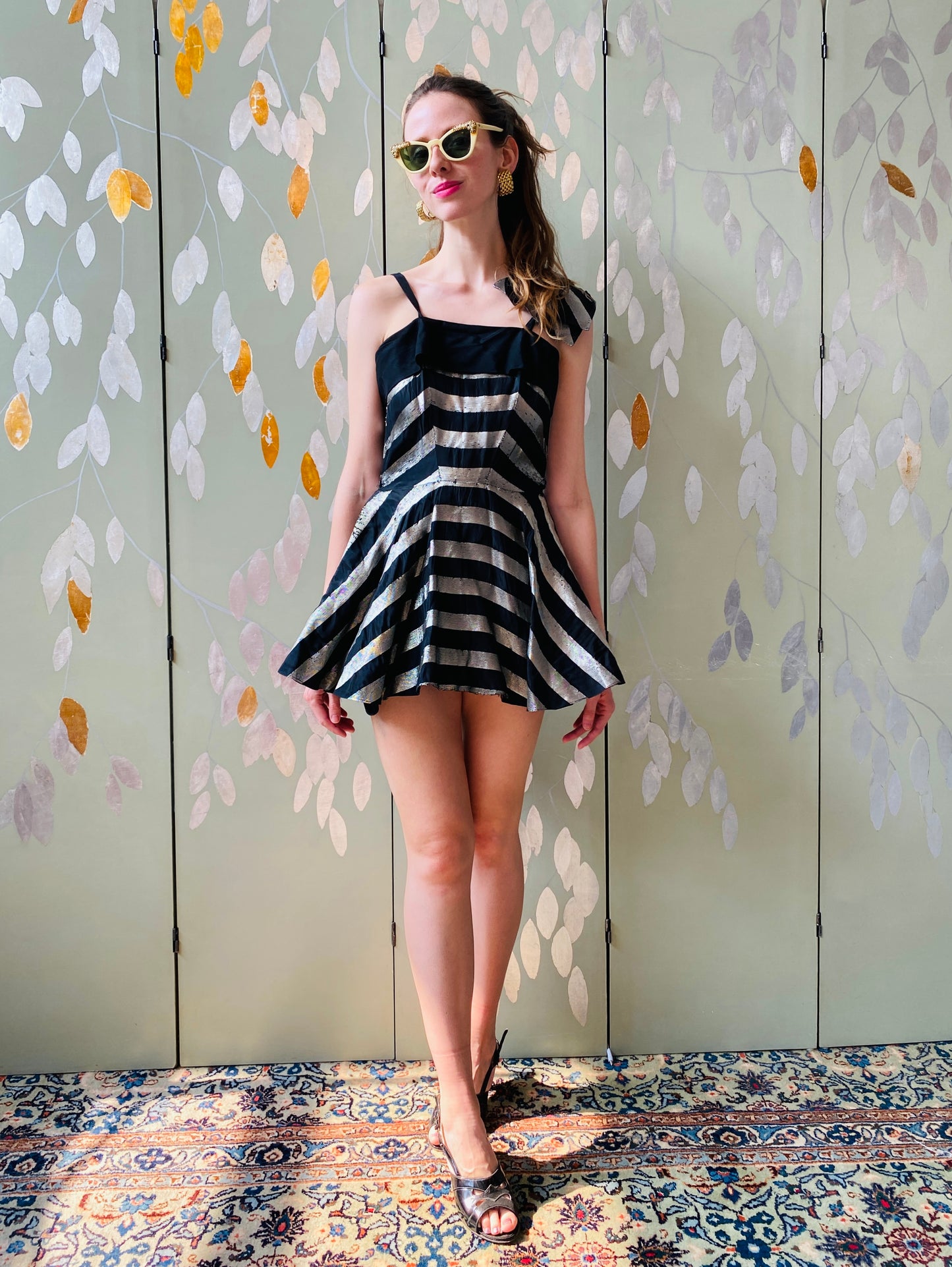 Vintage 1940s Black Taffeta Silver Stripe Peplum Dress, W25". Original Barbie 1959.