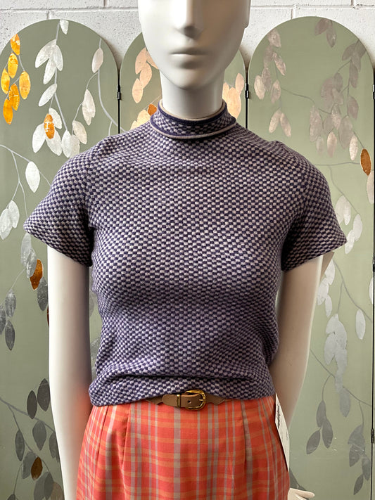 Vintage 1960s Short Sleeve Purple Check Knit Baby Tee, XS