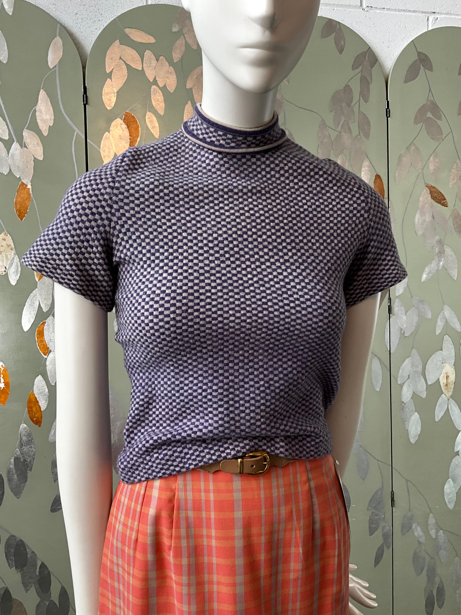 Vintage 1960s Short Sleeve Purple Check Knit Baby Tee, XS